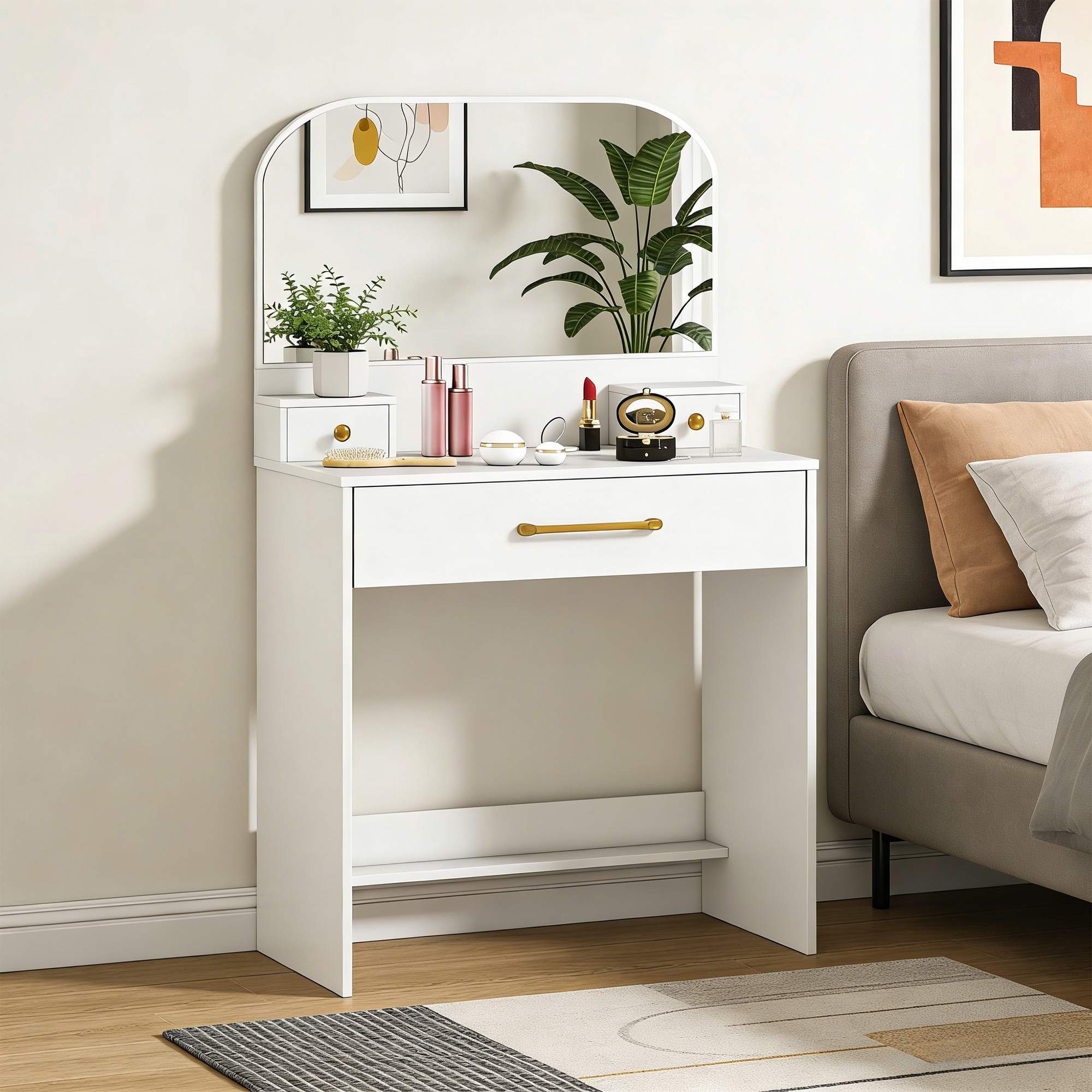 Sminkbord med spegel, 3 lådor, vit, kompakt design