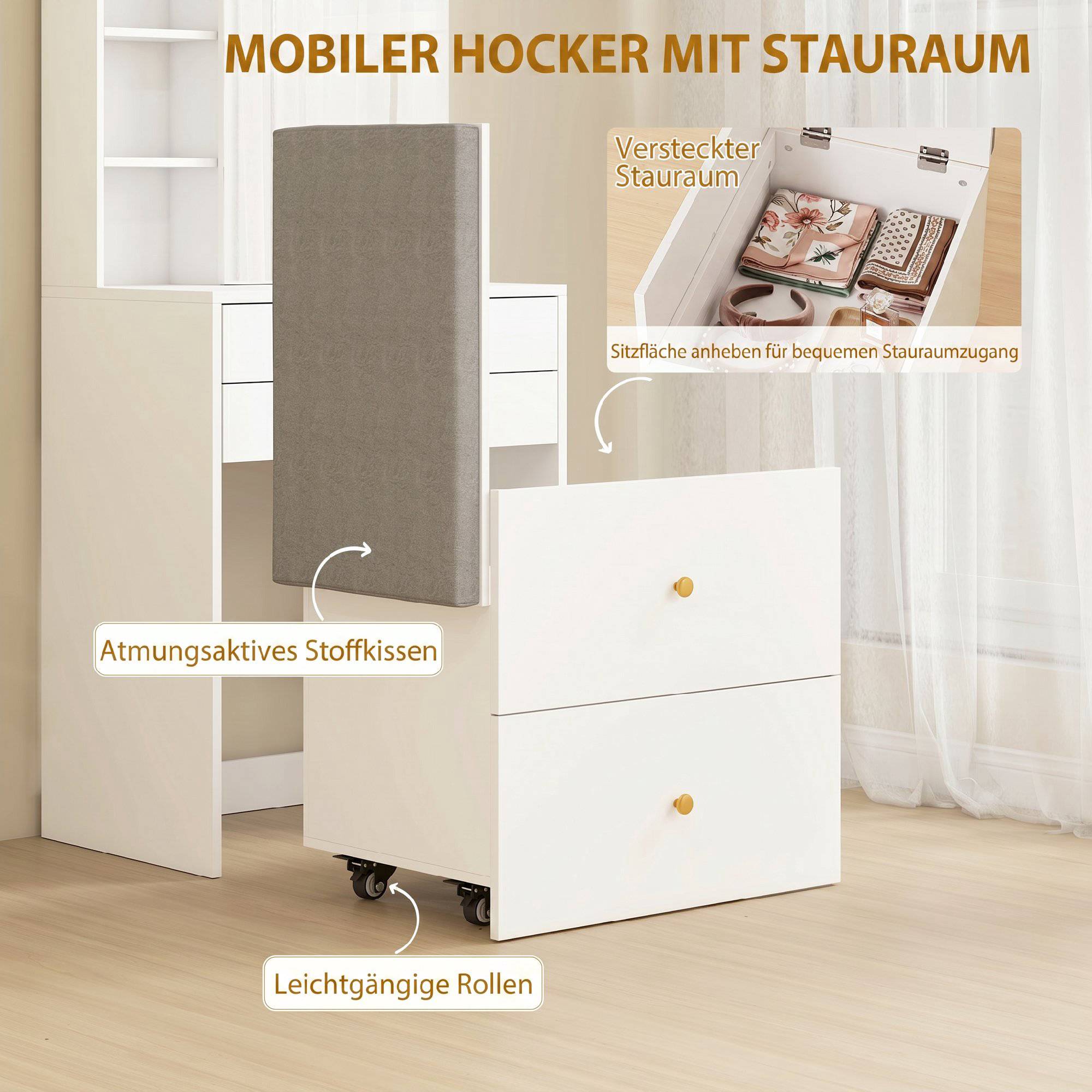 Sminkbordsset med spegel, förvaringspall, vit 60 cm