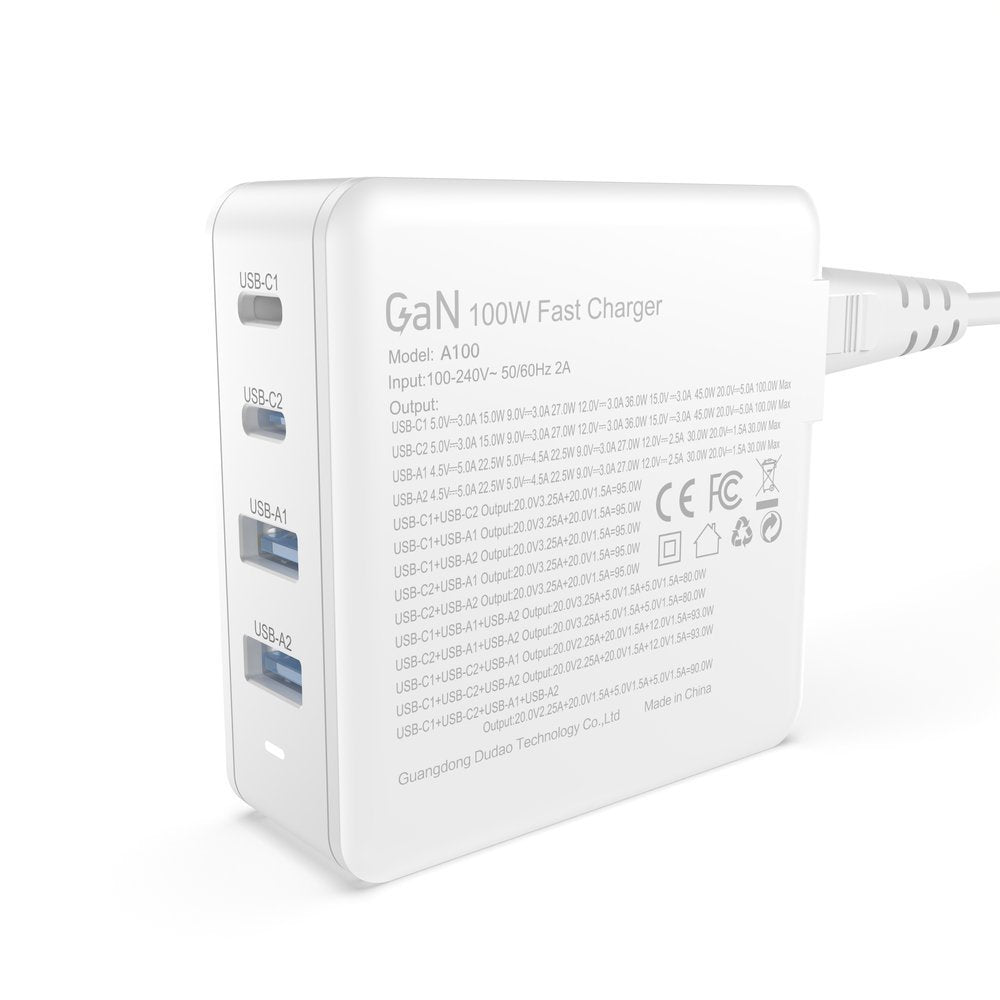Snabb och kraftfull GaN nätverksladdare 2x USB-C 2x USB 100W vit