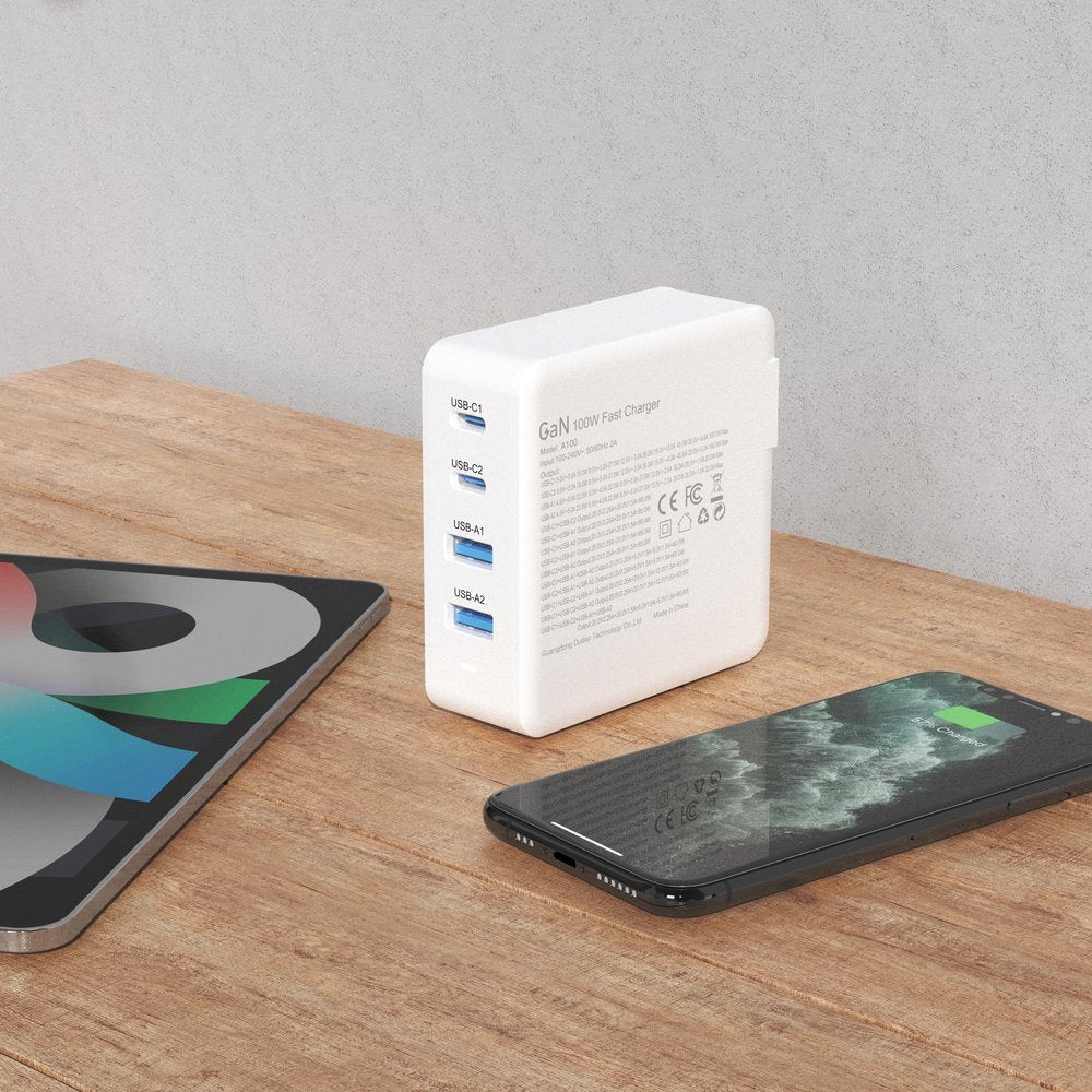 Snabb och kraftfull GaN nätverksladdare 2x USB-C 2x USB 100W vit