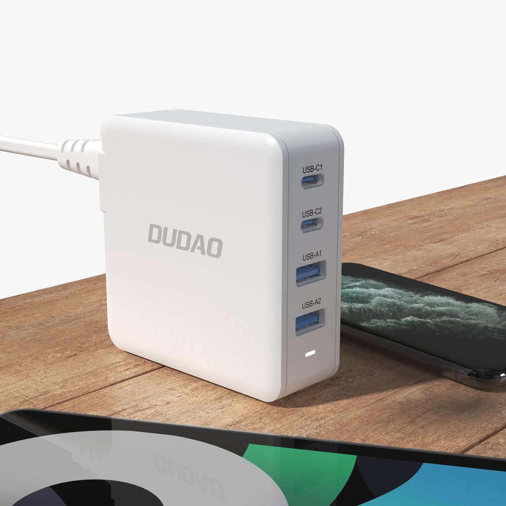 Snabb och kraftfull GaN nätverksladdare 2x USB-C 2x USB 100W vit