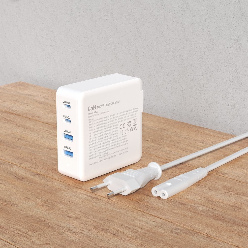 Snabb och kraftfull GaN nätverksladdare 2x USB-C 2x USB 100W vit