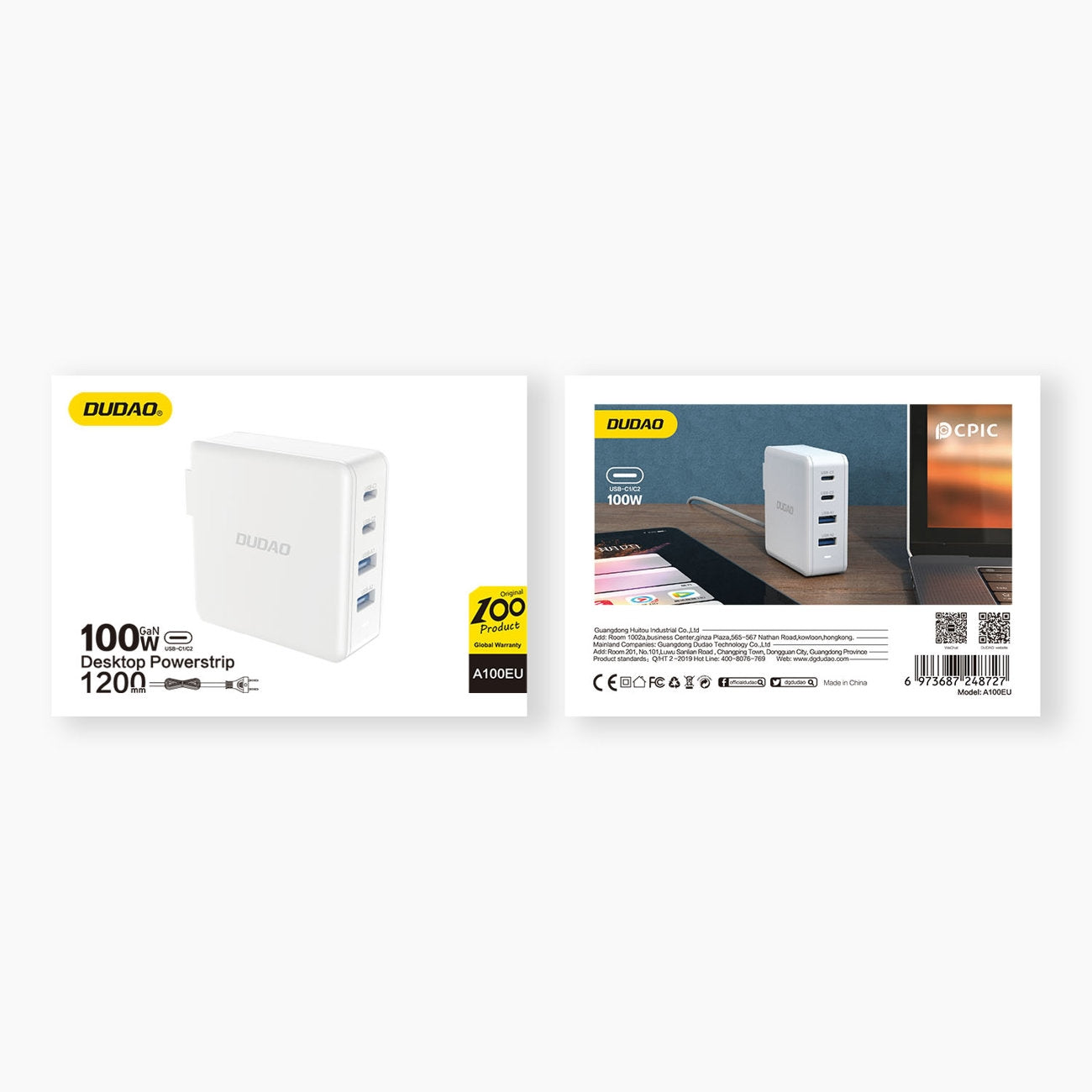 Snabb och kraftfull GaN nätverksladdare 2x USB-C 2x USB 100W vit