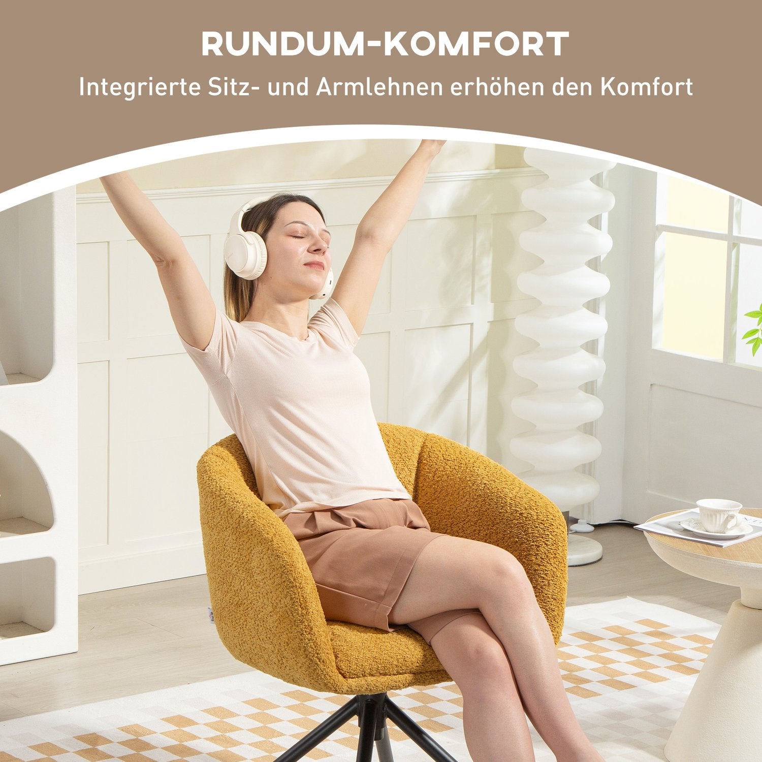 Snurrfåtölj, bekväm sits, mjukt överdrag, gul