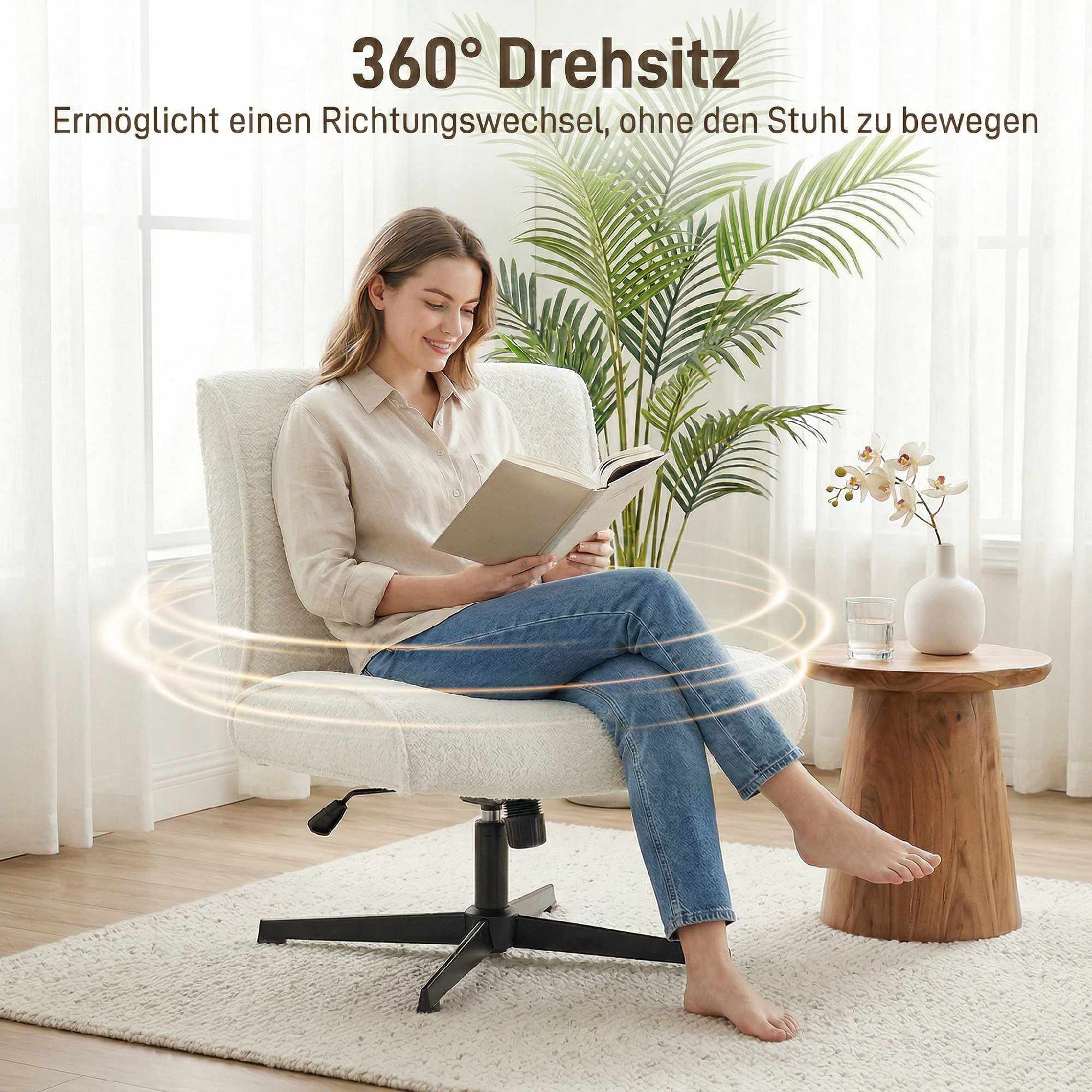 Snurrfåtölj i sammet, justerbar höjd, krämvit