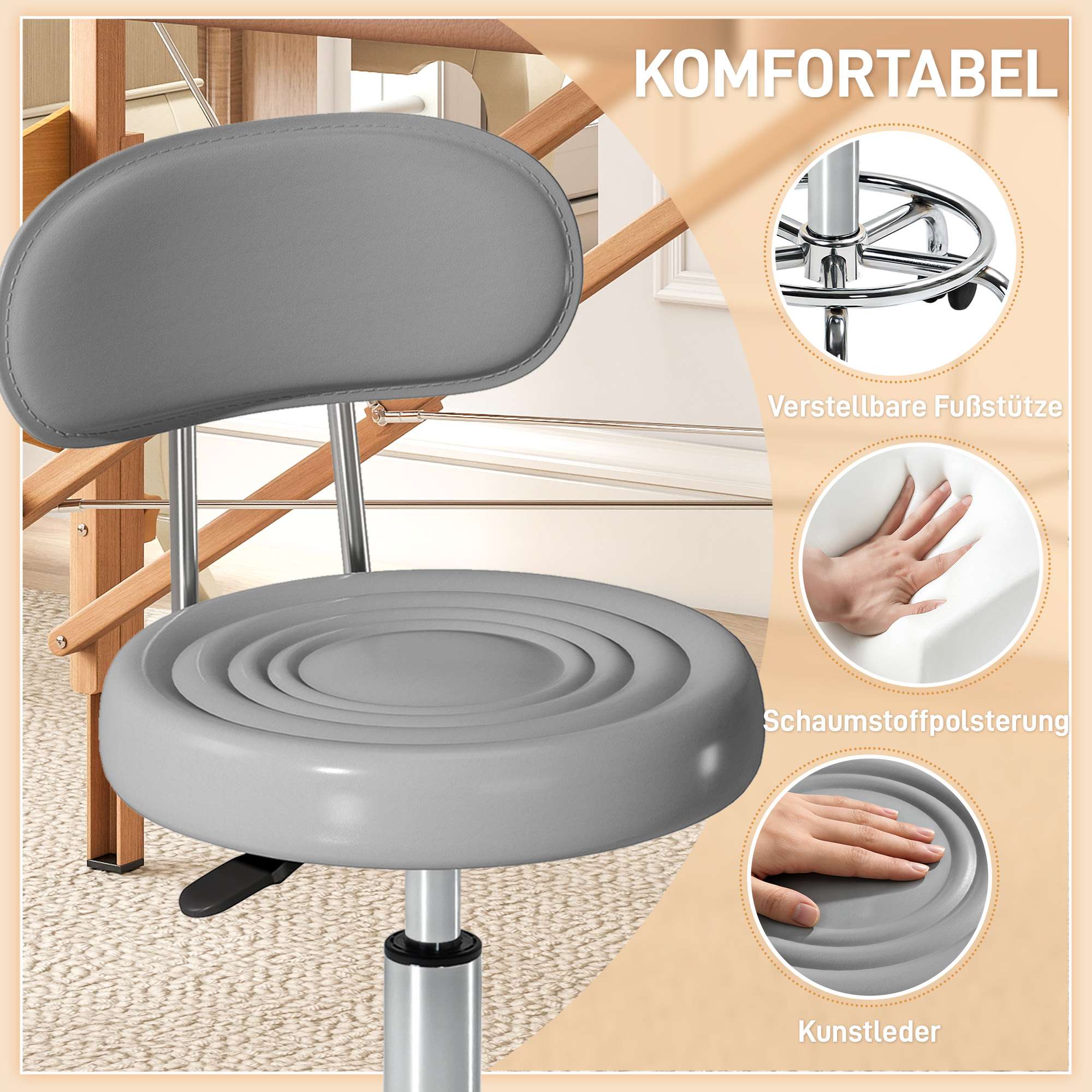 Snurrpall med ryggstöd, justerbar, konstläder, grå