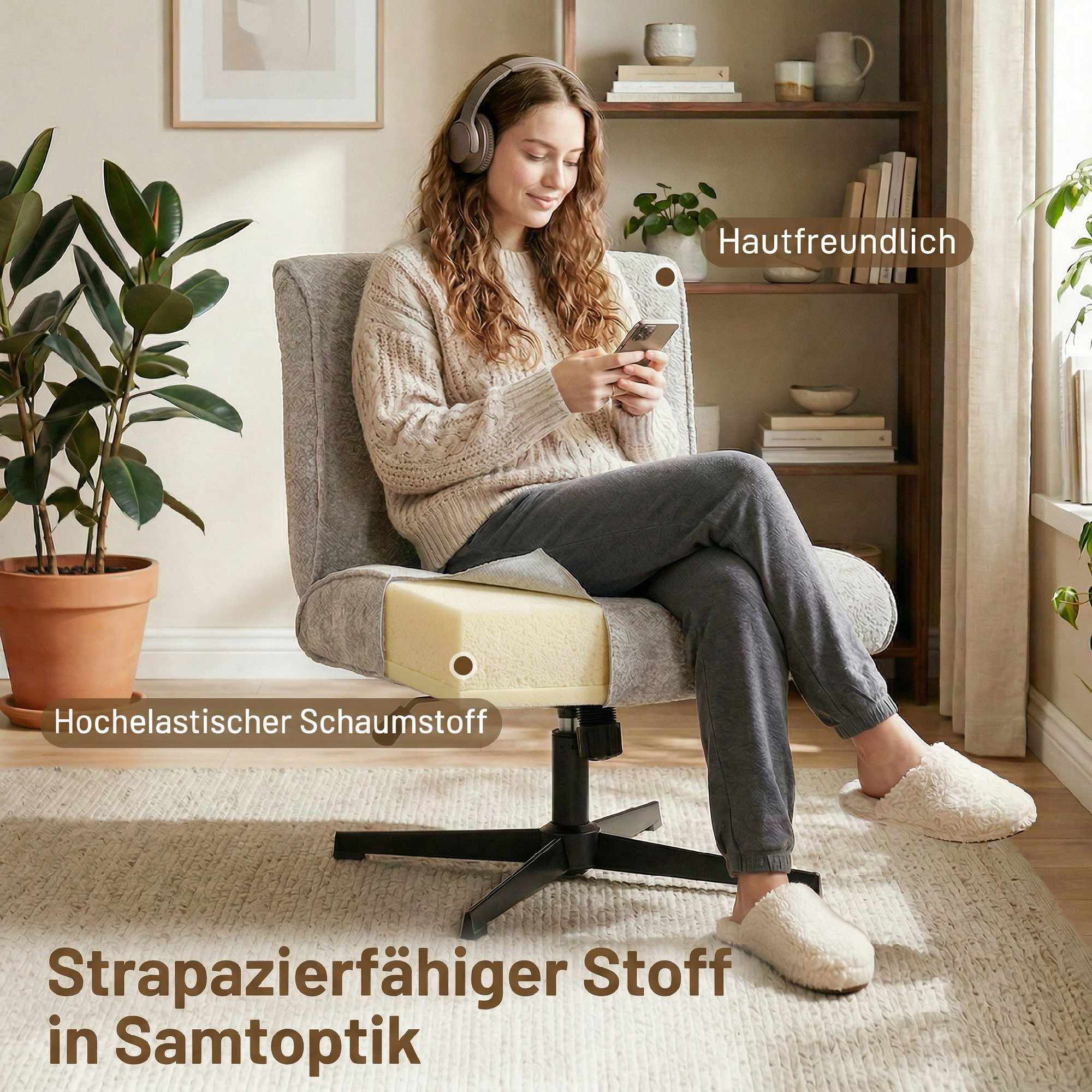 Snurrstol, sammetsklädd, justerbar höjd, grå