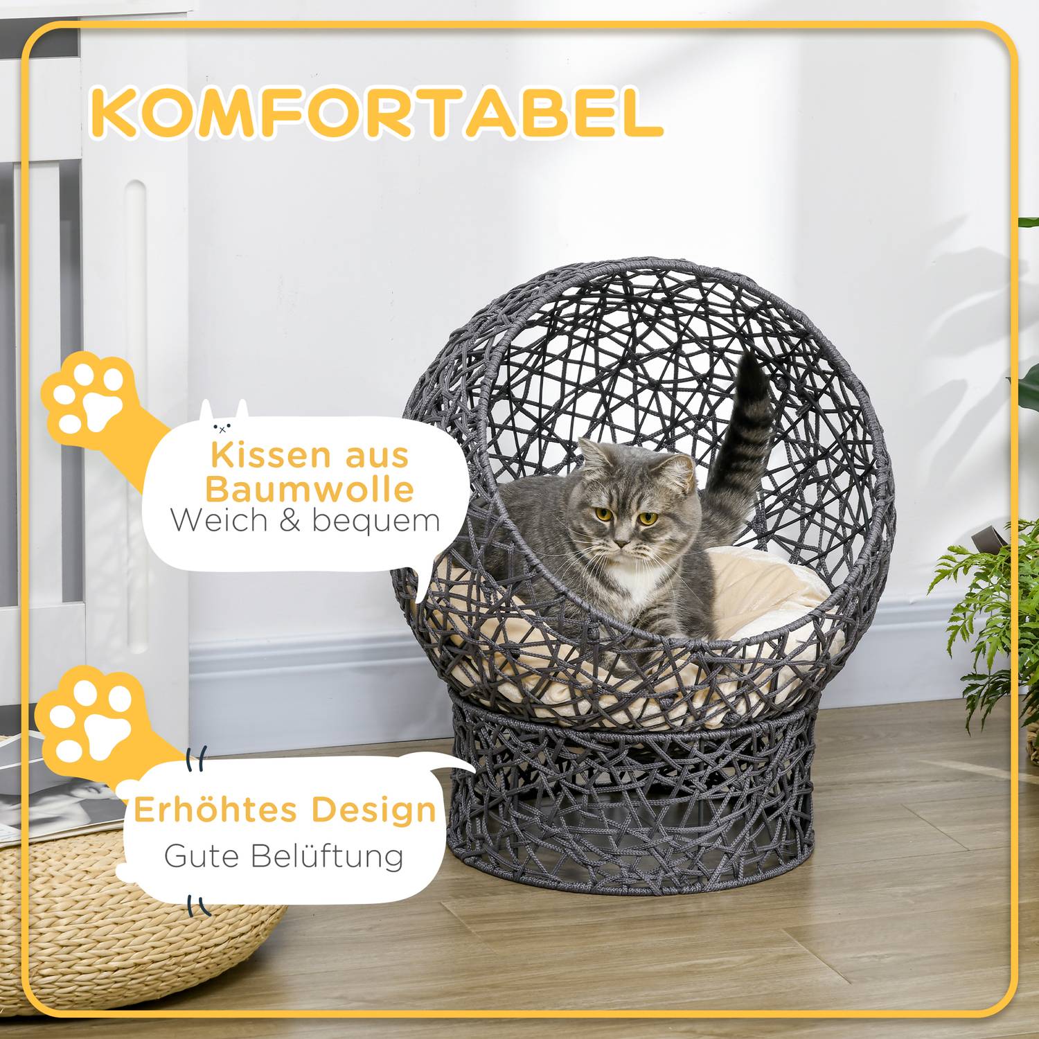 Snygg Cat Bed Cave med Kudde – Lila & Cream Rep