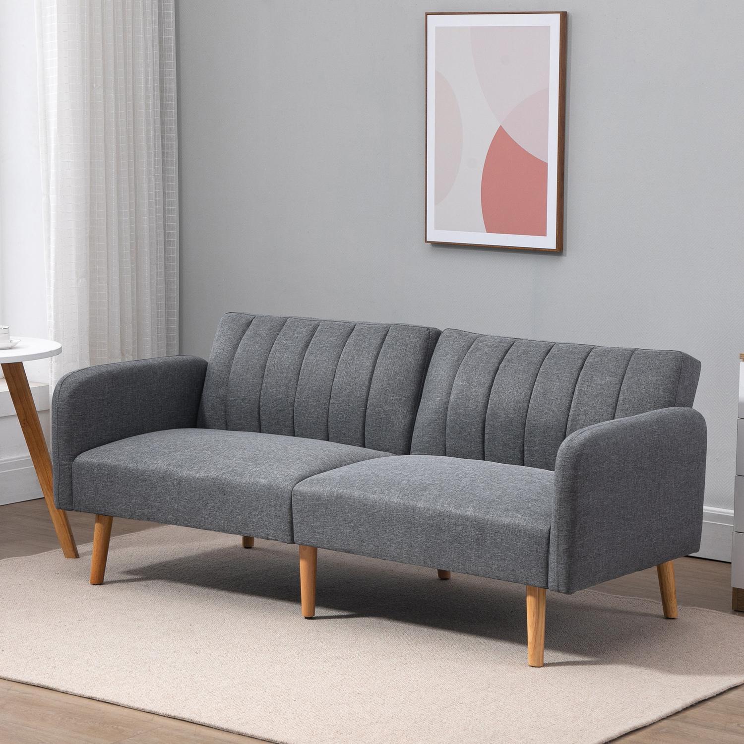 Bäddsoffa, Hopfällbar Soffa, 2-Sits, Bäddsoffa Med Sovfunktion, Linneliknande Polyester, Gummiträ, Grå, 173X75X73Cm