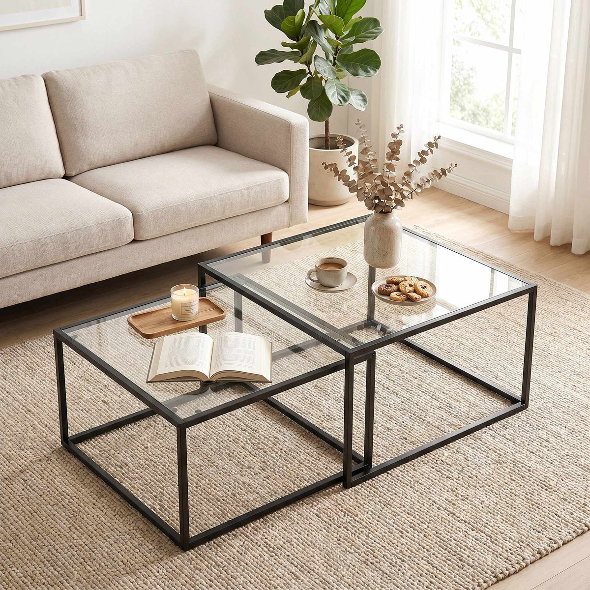 Sett med 2 sammenleggbare salongbord, herdet glass, svart