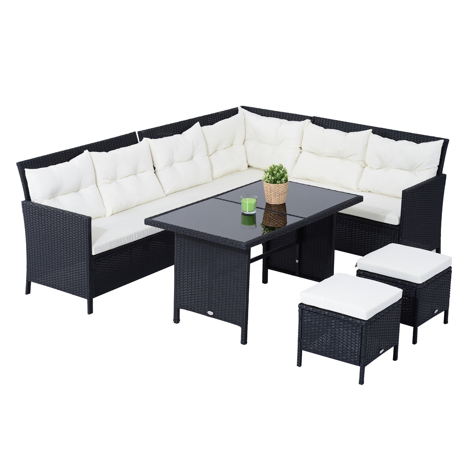 Soffset utomhus, 7 platser, polyrattan, svart/kräm/vit