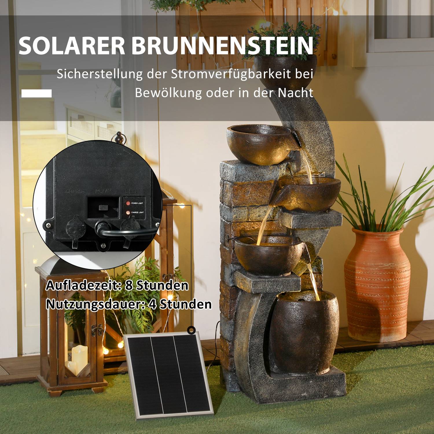 Solar Garden Fountain med LED-lampor – 5-tiers hartsdesign