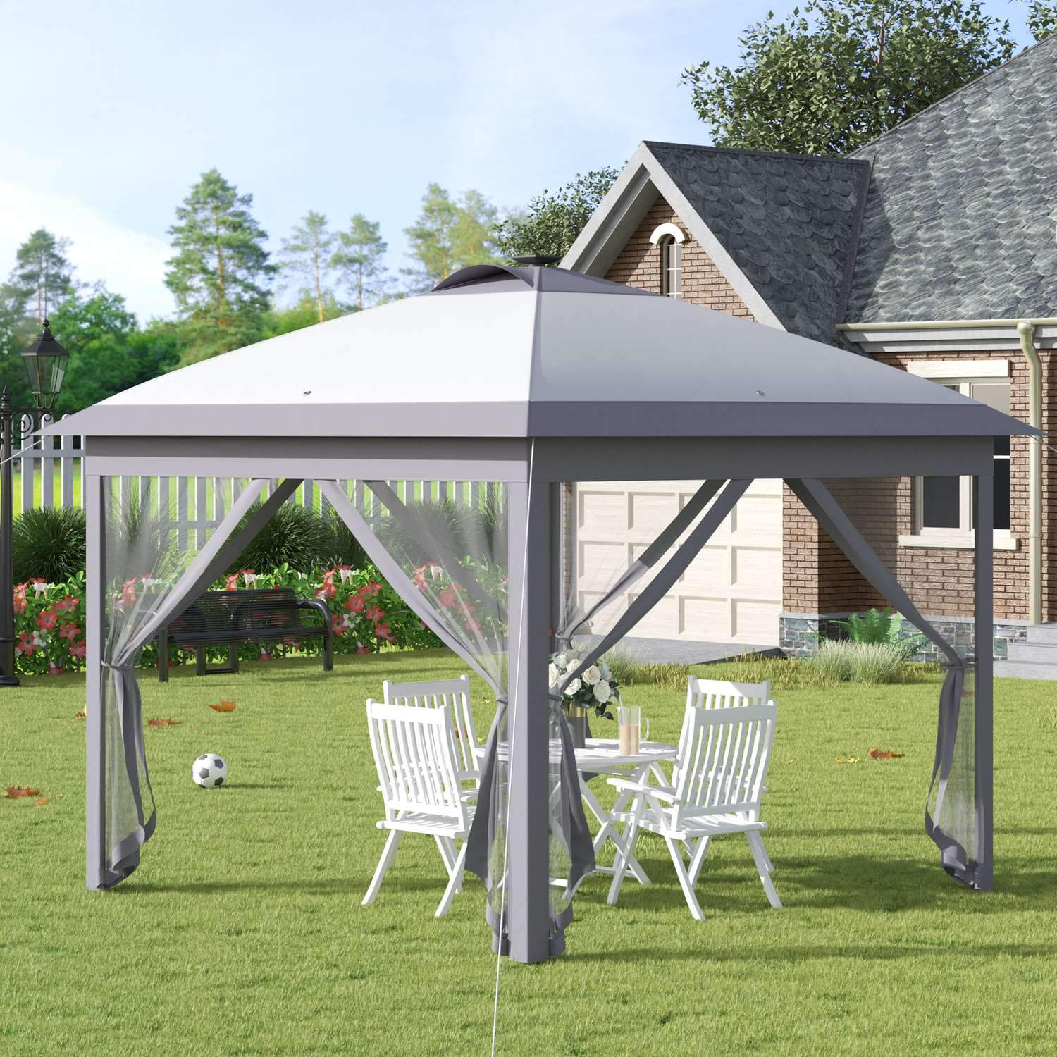 Gazebo 3,3X3,3M sammenleggbar lysthus Led Usb Pop-Up Mesh Sidevegger Solskjermingsveske Oxford Grå