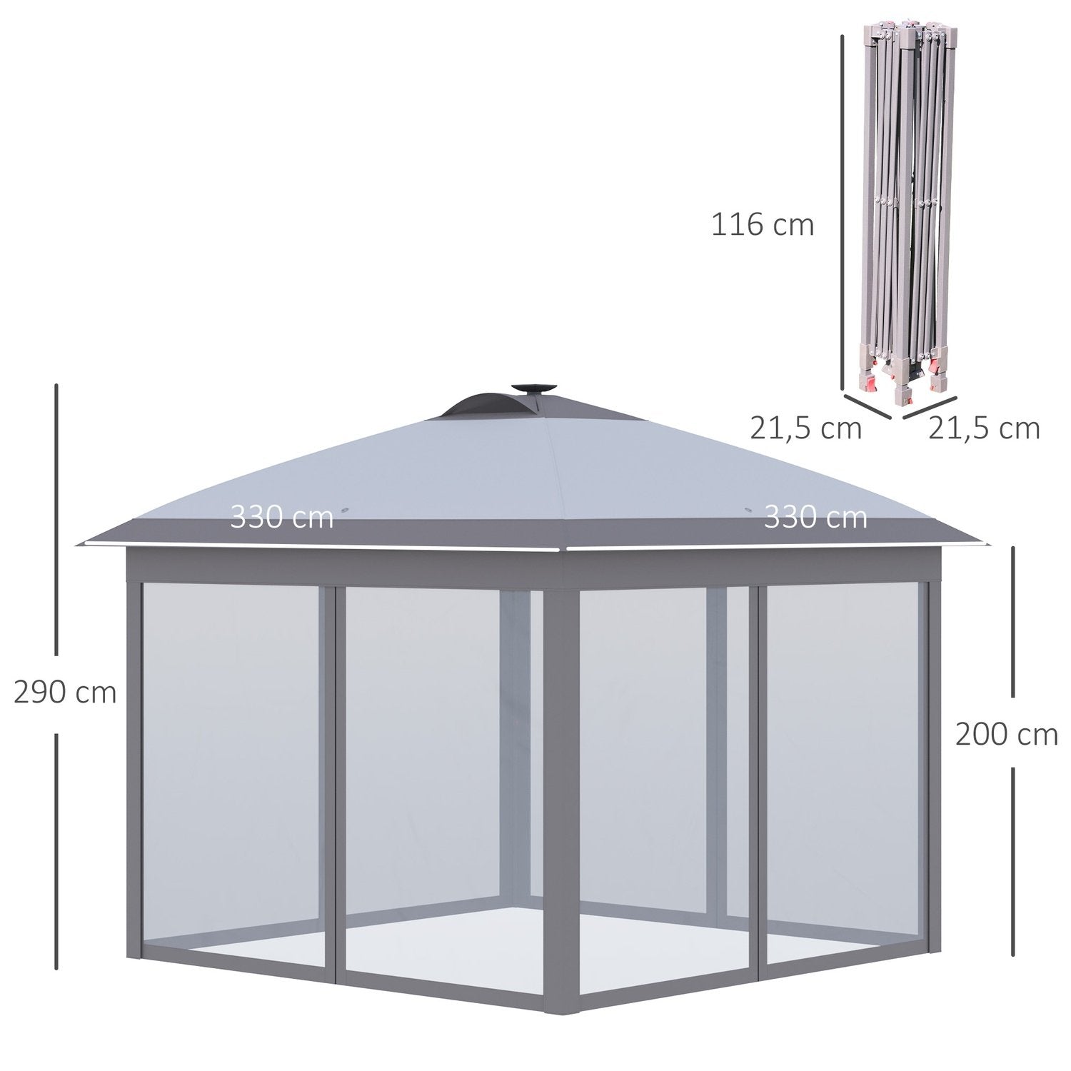 Gazebo 3,3X3,3M sammenleggbar lysthus Led Usb Pop-Up Mesh Sidevegger Solskjermingsveske Oxford Grå