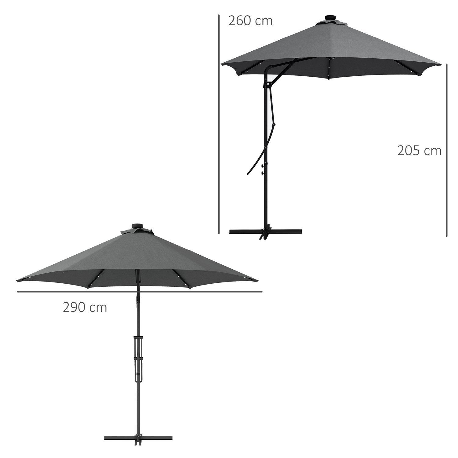 Parasoll, Ø290 Cm Fribärande Paraply Med Uv-Skydd, Led-Balkongparasoll Med Korsfot, Uteplatsparaply Med Skyddskåpa, Stål, Mörkgrå