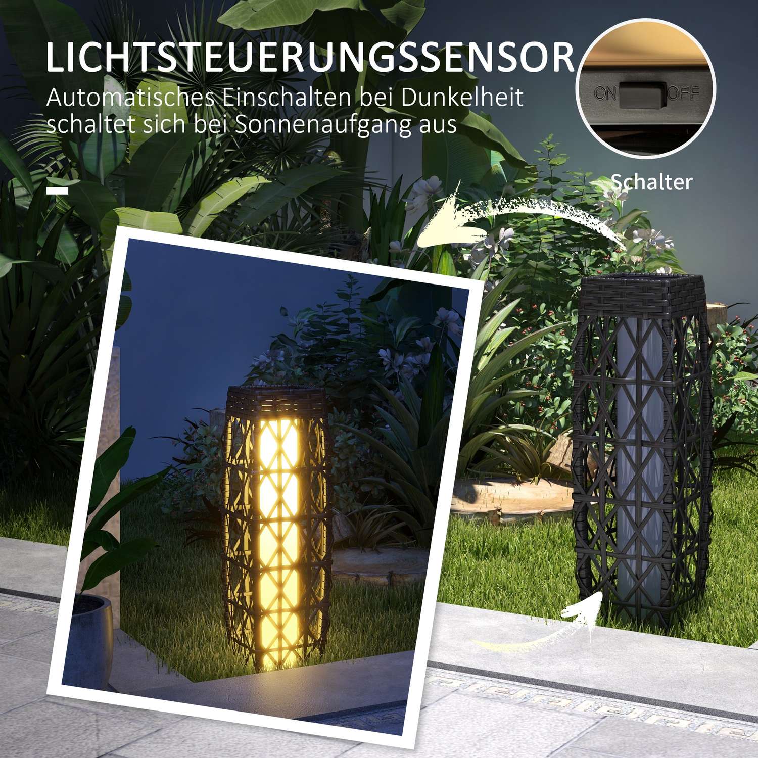 Solar LED trädgårdslampa med rotting & ljussensor, grå