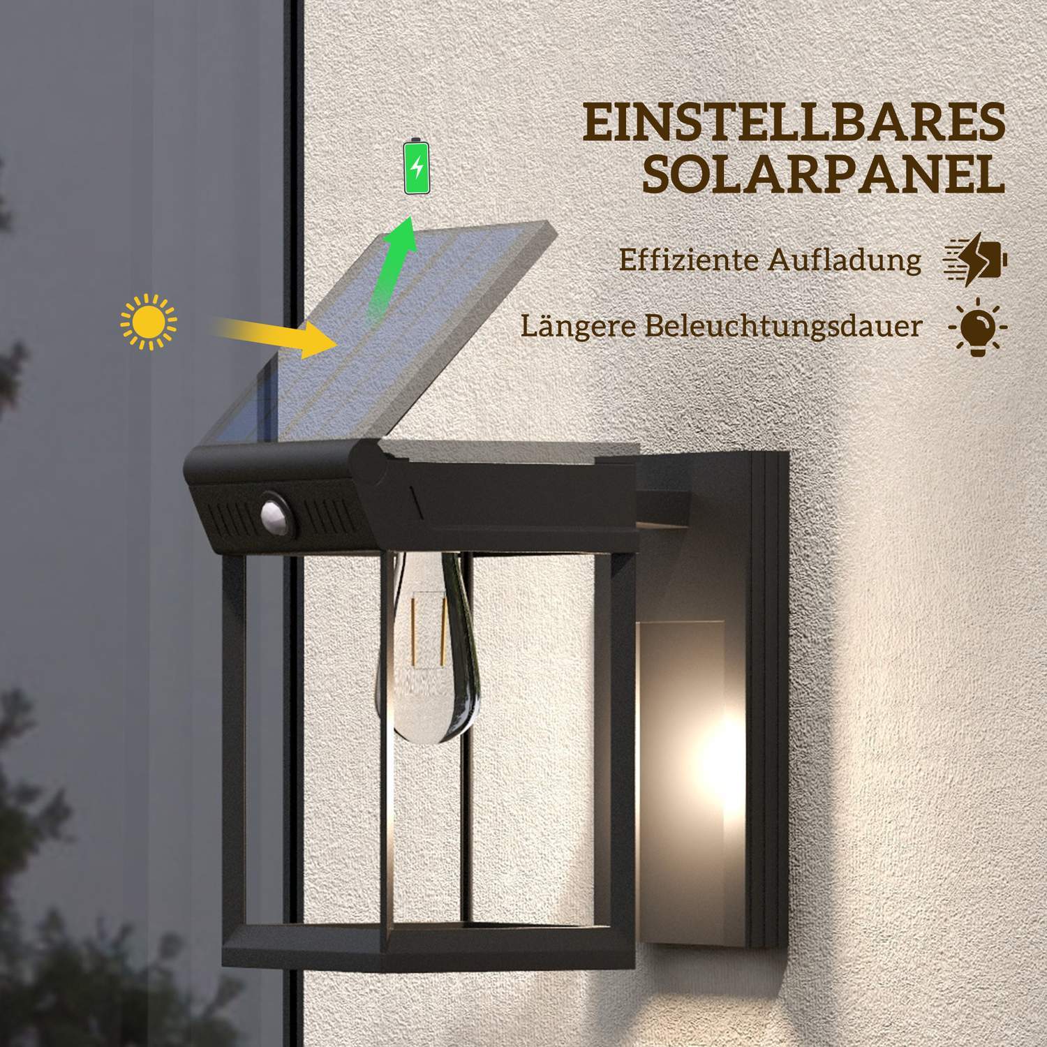 Solar Vegglampe Led Utelys Hagelys Varm Hvit Justerbar Lyssensor Ip44 Hageterrasse Sort