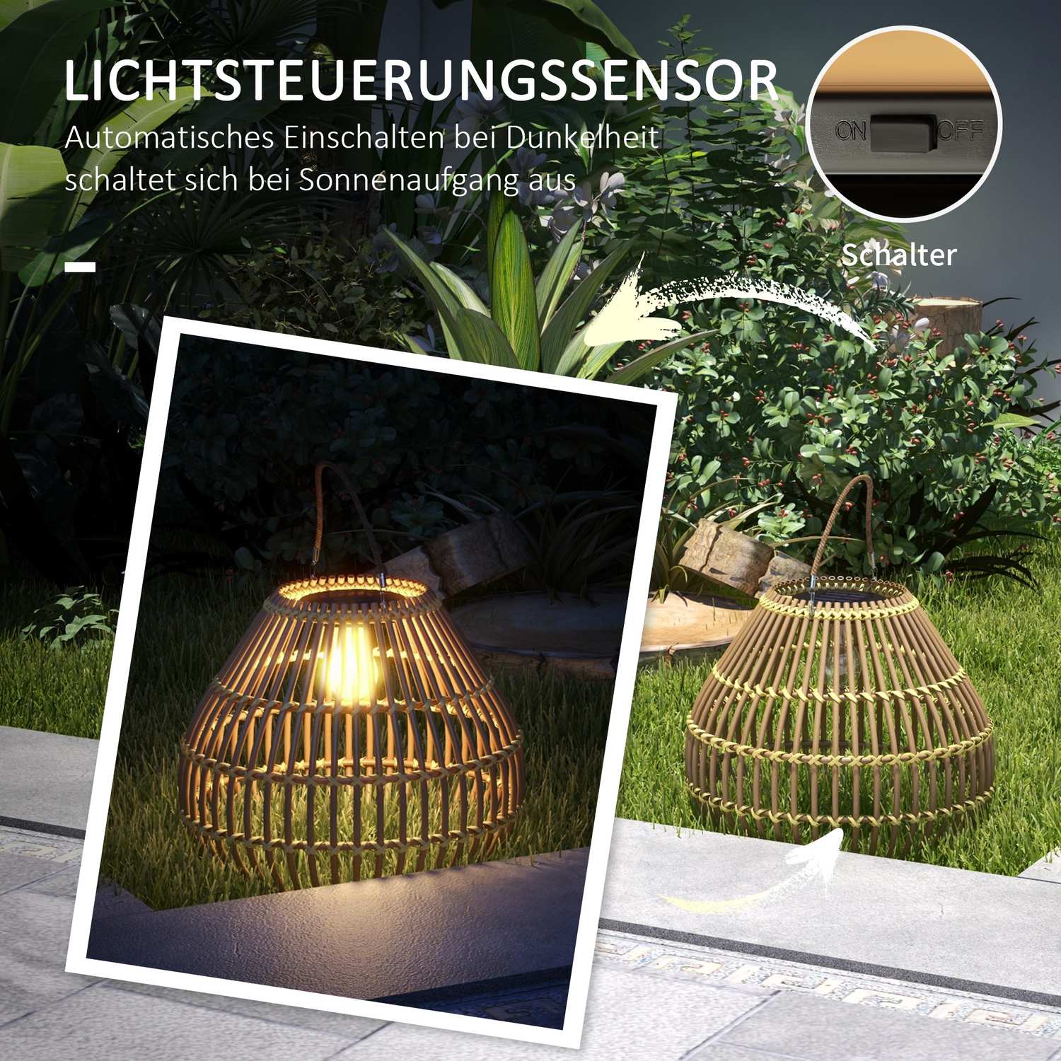 Solarlampa, design av rottingtrumma, vattentät, ljussensor