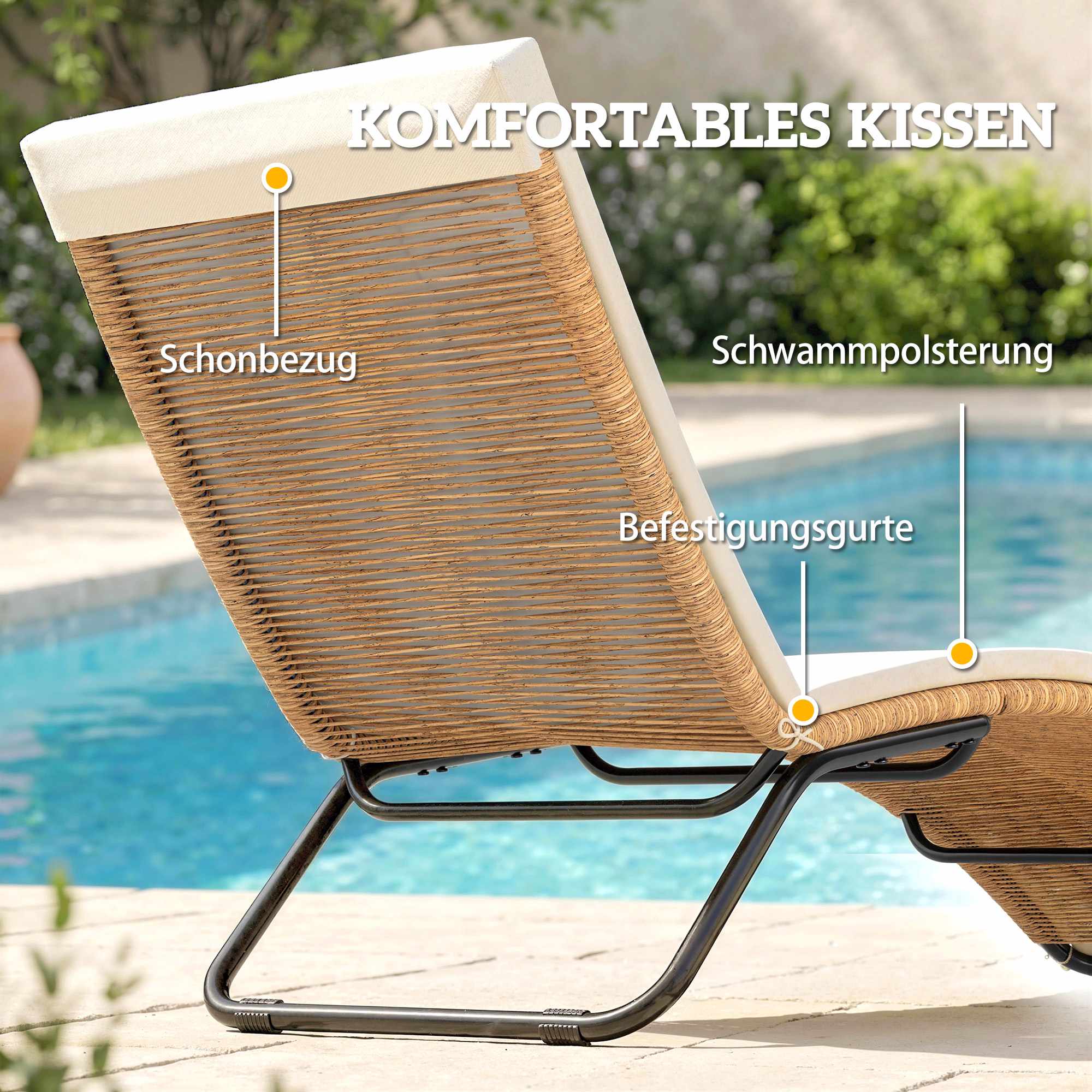 Solsäng i rotting med dyna, ergonomisk S-kurva, 195 cm
