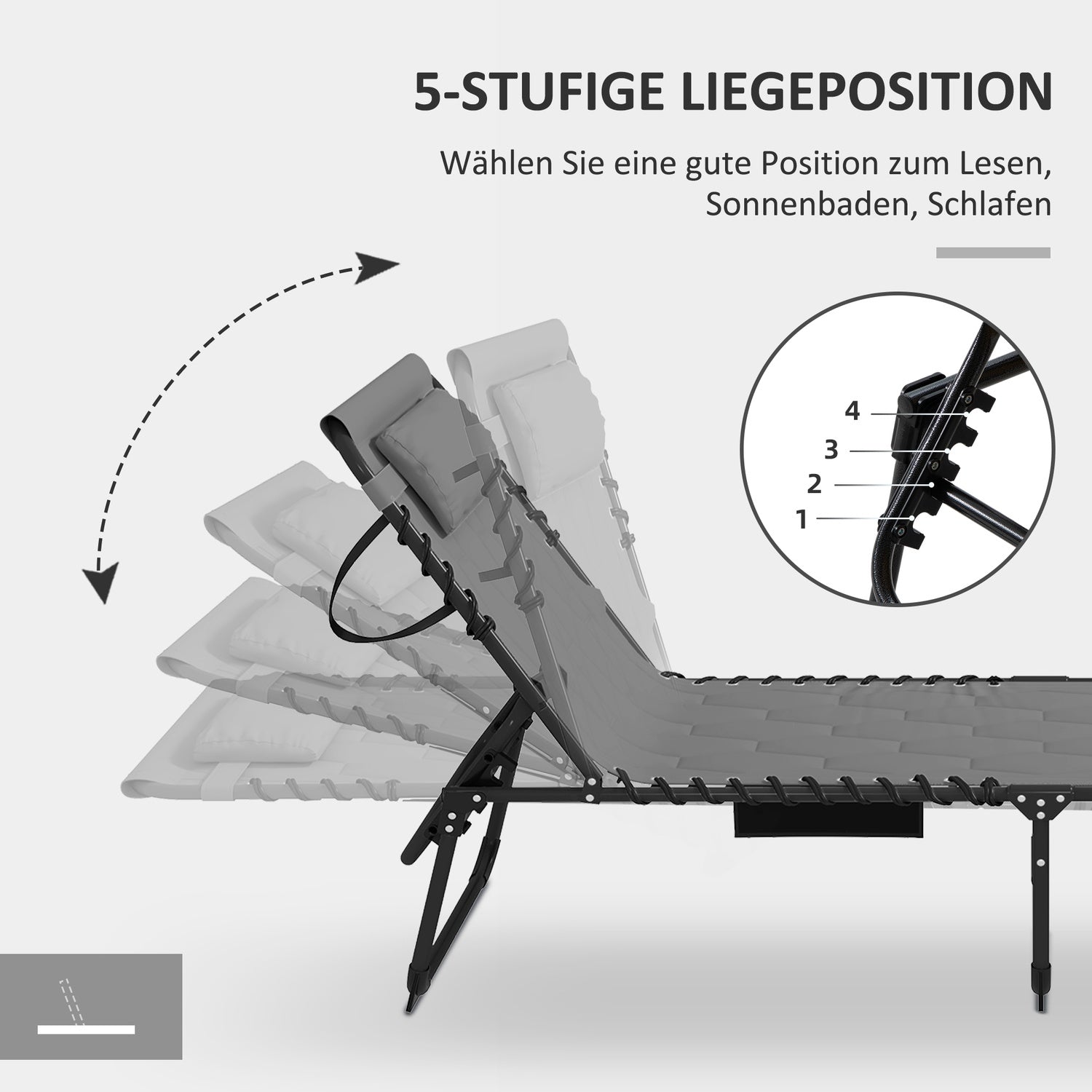 Fällbar solstol, justerbart ryggstöd, kudde, grå