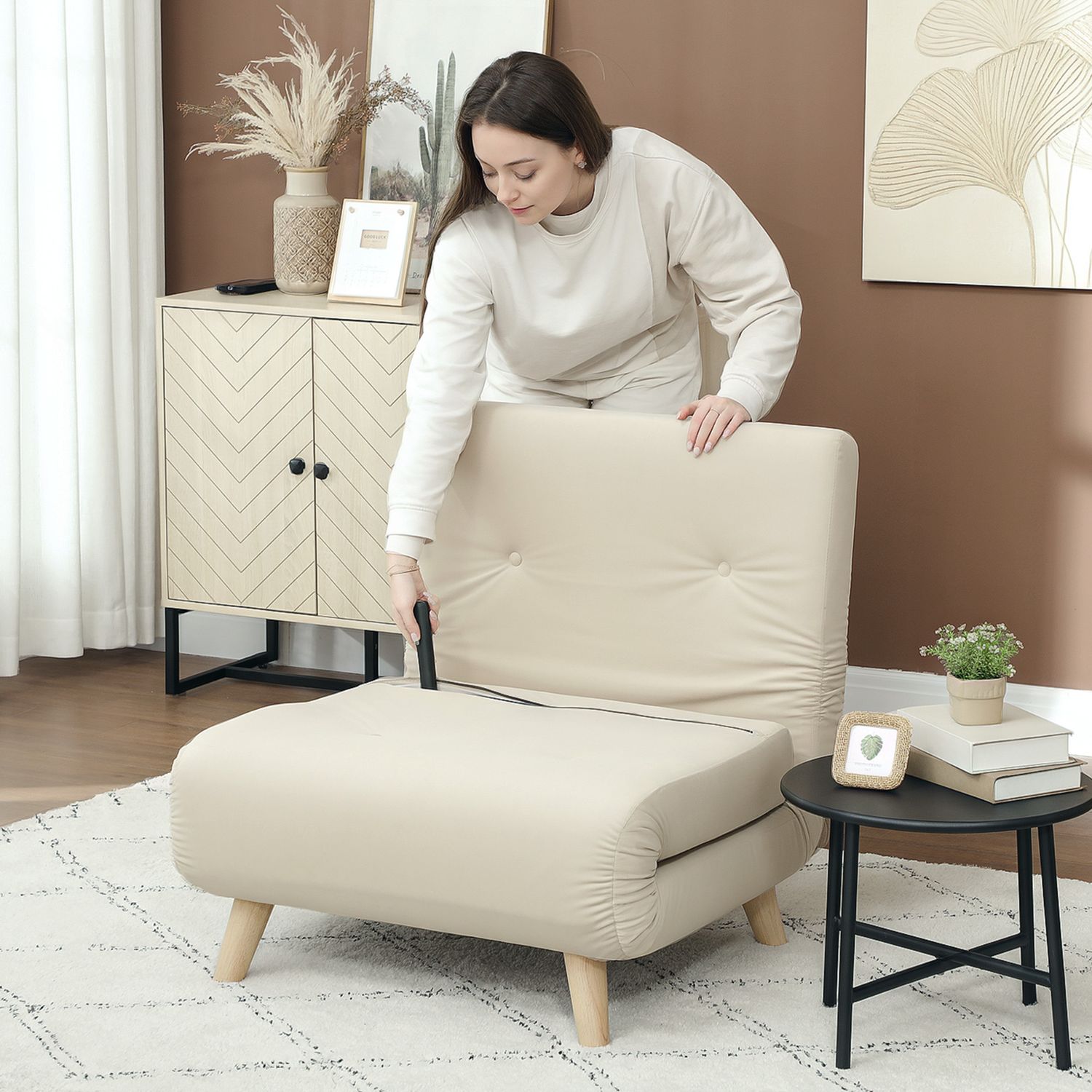 Folding Velvet Look Sleeper Chair med kuddar, Beige
