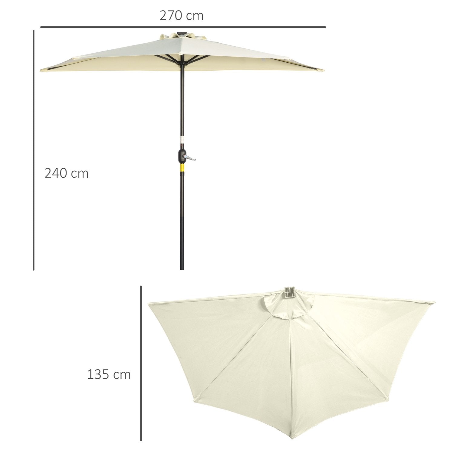 Parasoll 265 X 240 Cm Halv Paraply Balkong Paraply Med Led Halv Rund Terrasse Paraply Med Håndsveiv Solpanel For Hage Metall Beige