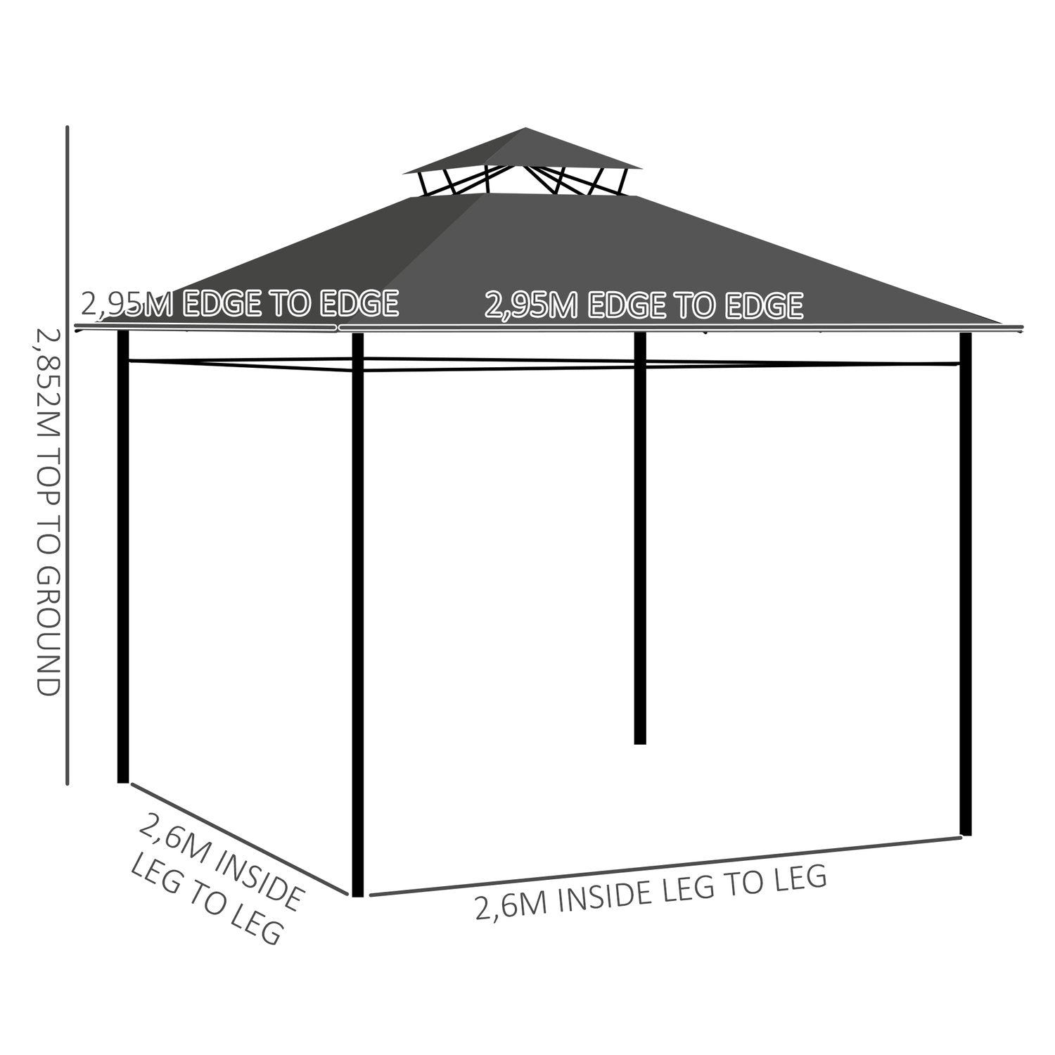 Outsolny Paviljong Ca 3 X 3 M, Hagetelt Med Sidevegg, Partytelt Med Dobbelttak, Værbestandig Telt, Hagepaviljong, Metall, Mørkegrå.