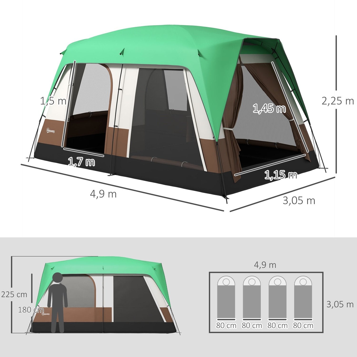 Tunnel Telt Camping Telt 8 Person Lys Krok Mesh Vindu Familie Telt Bæreveske 3000Mm Gruppetelt Hage Camping Grønn