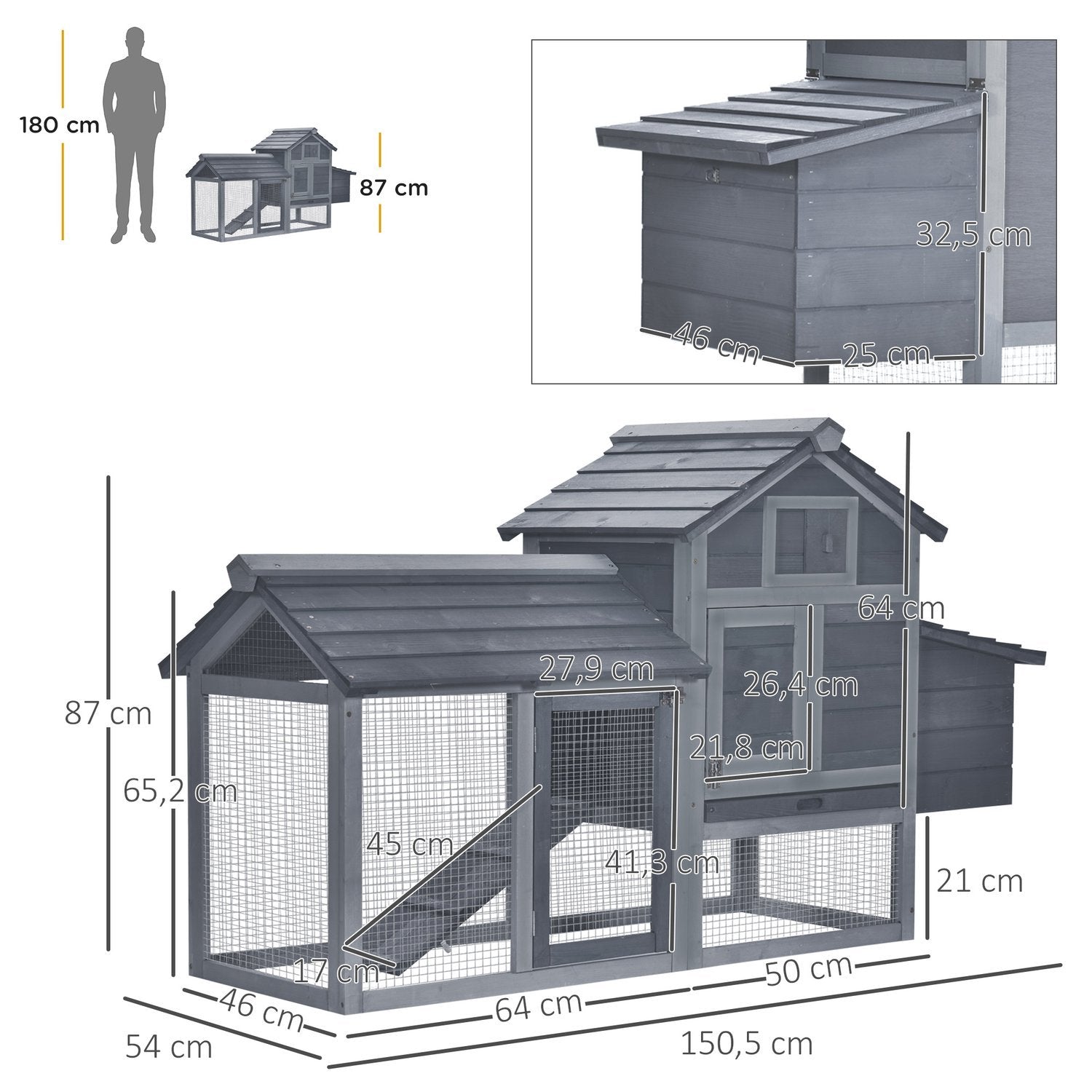 Bantam Hönscoop Bantam House Med Holkådor Bantam Voljär Fjäderfähus Med Ramp Gran Trä Grå 150,5 X 54 X 87 Cm