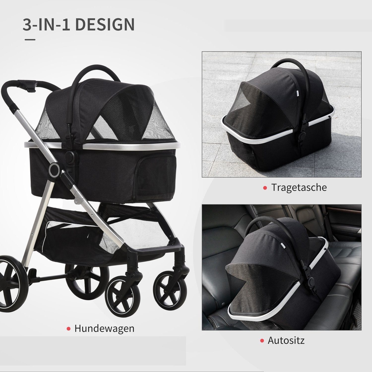 Hundevogn, 3 i 1 hundevogn, bilsete, transportbag, kattevogn med pute opptil 15 kg, sammenleggbar med bremser, nettingvindu, sikkerhetsliner