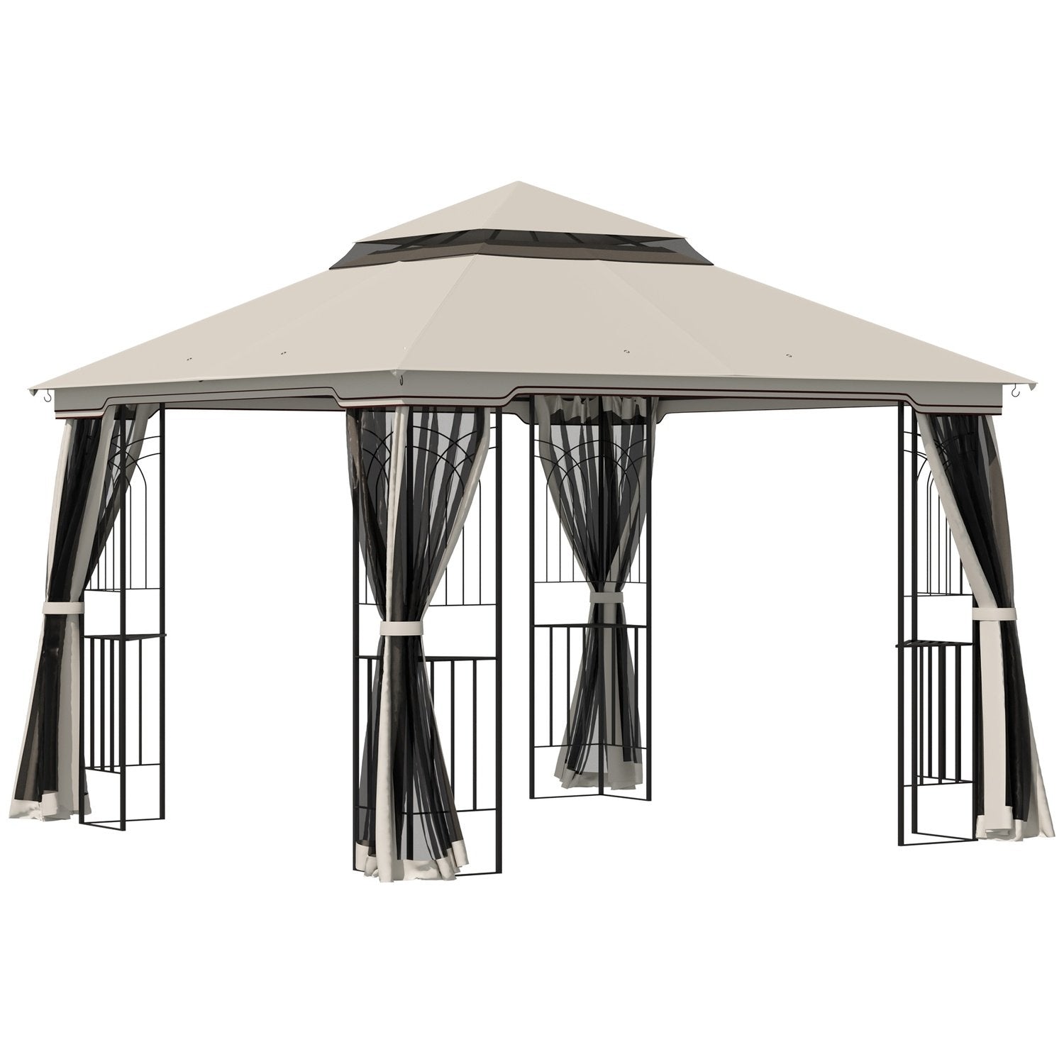 Hagepaviljong Med Dobbelttak Paviljong Hagetelt Festtelt Med 4 X Sidevegger Metall + Polyester Beige 2,99 X 2,99 X 2,74 M