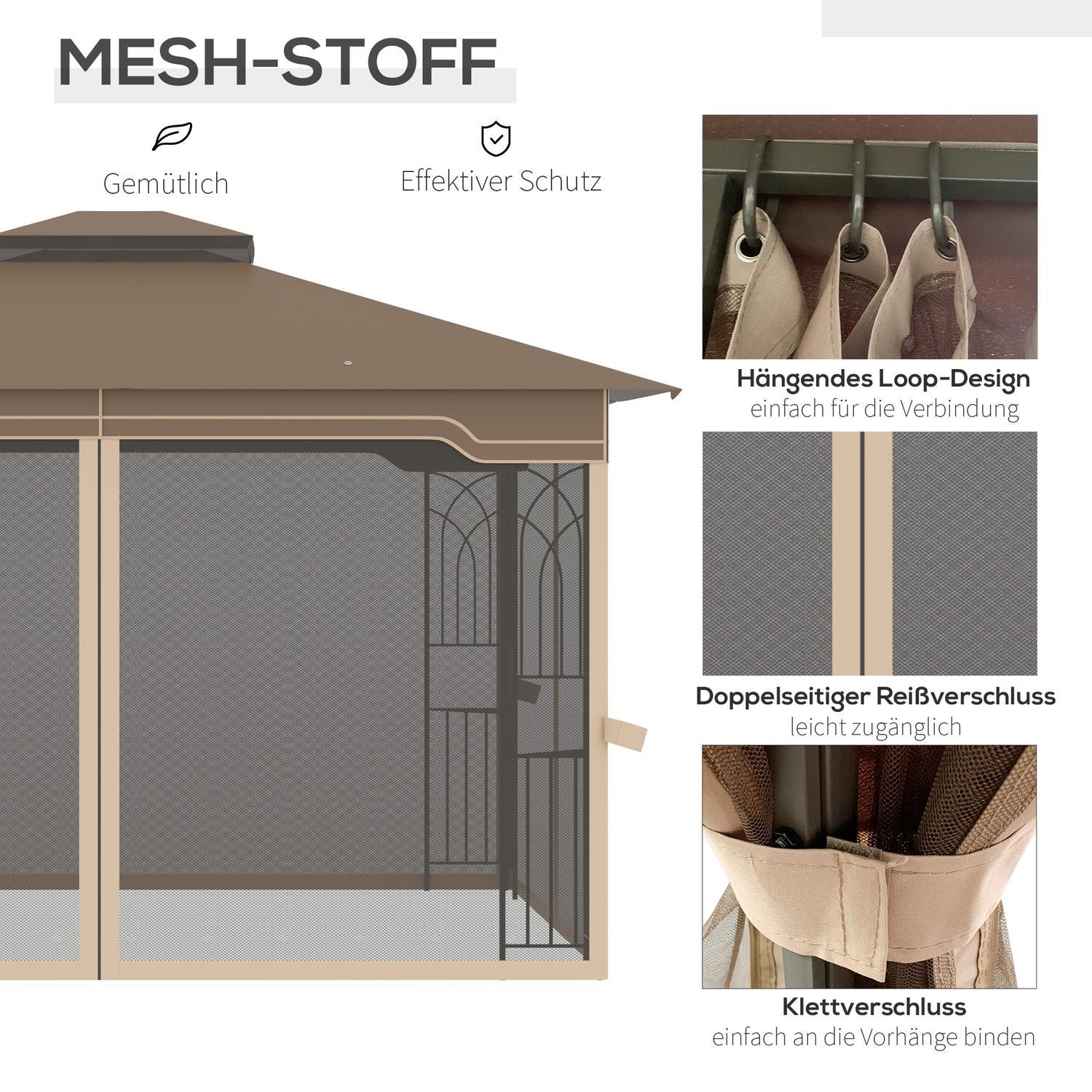 Hagepaviljong 3,65X3M telt med dobbelttak og myggnett, metall, brun+beige