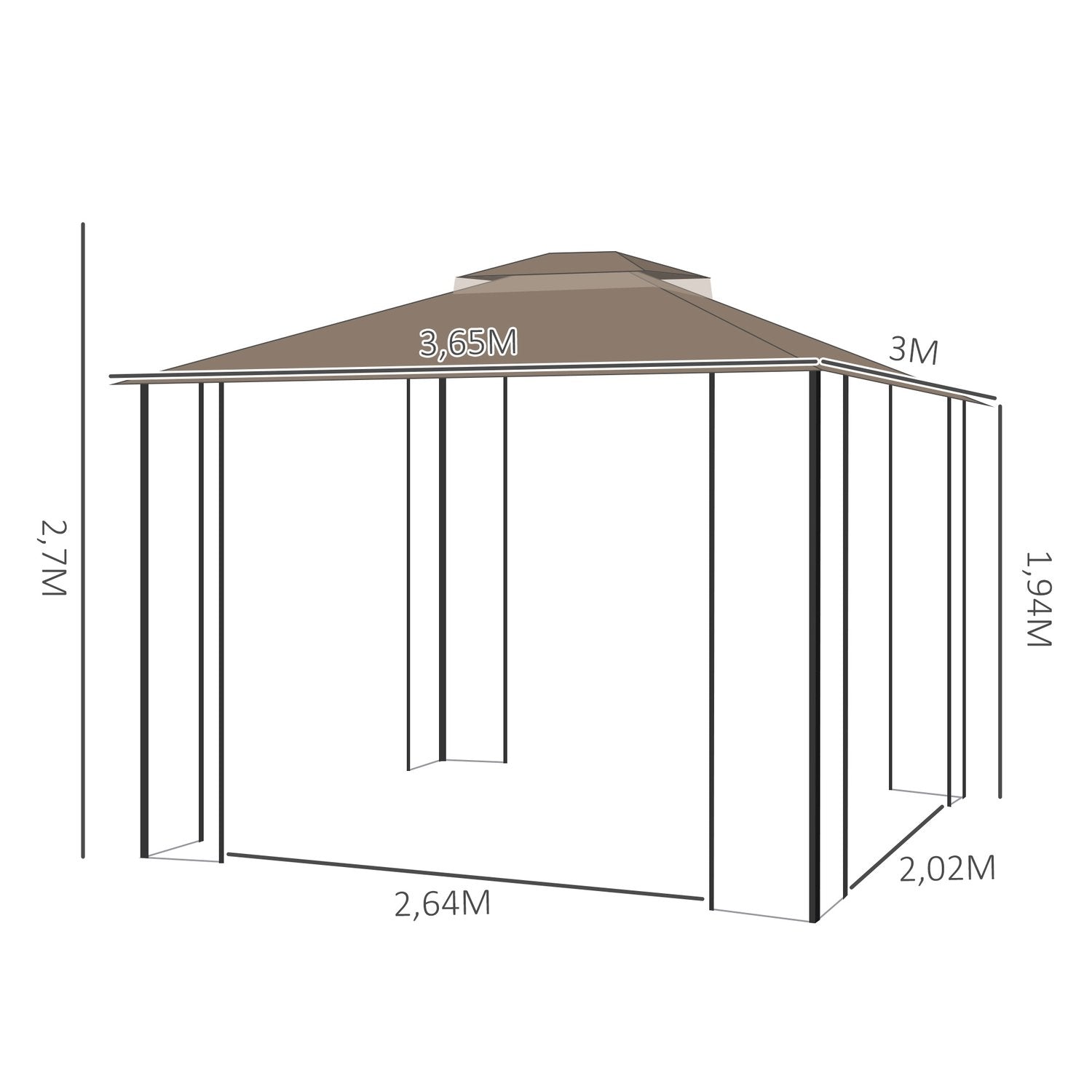 Hagepaviljong 3,65X3M telt med dobbelttak og myggnett, metall, brun+beige