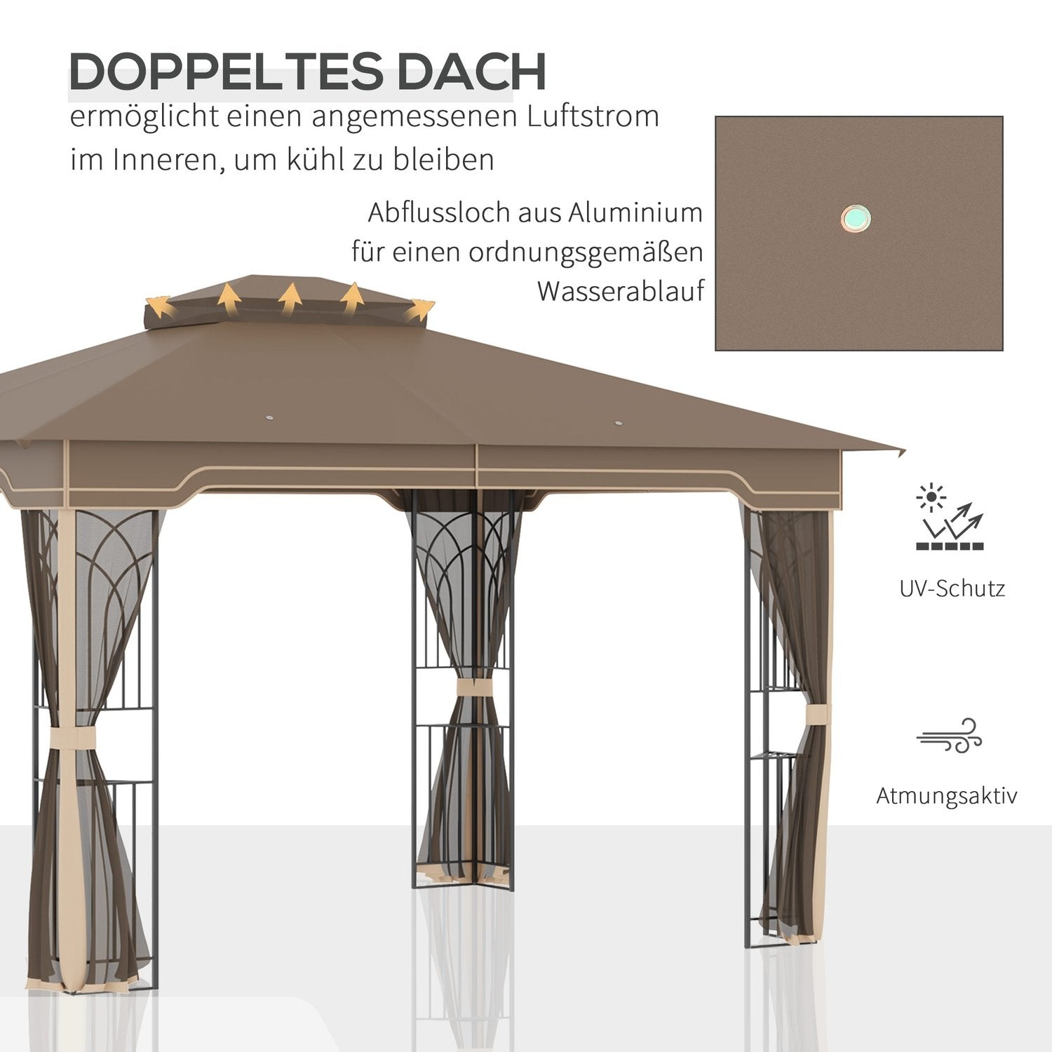 Hagepaviljong 3,65X3M telt med dobbelttak og myggnett, metall, brun+beige