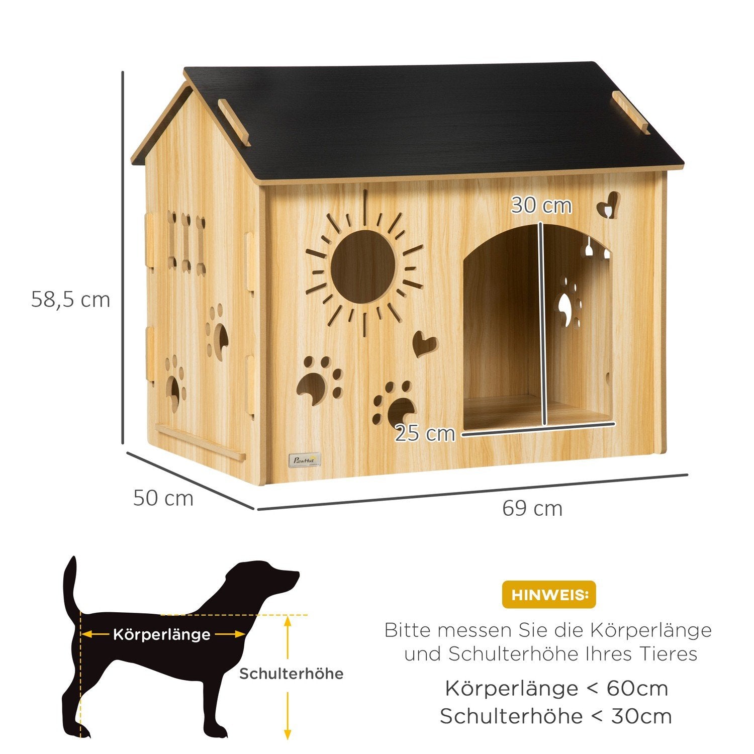 Trähundkennel Smådjurshus Med Ventilationsöppningar Hundhus Med Tak Hundgrotta Inomhus Mdf Ek + Svart 69 X 50 X 58,5 Cm