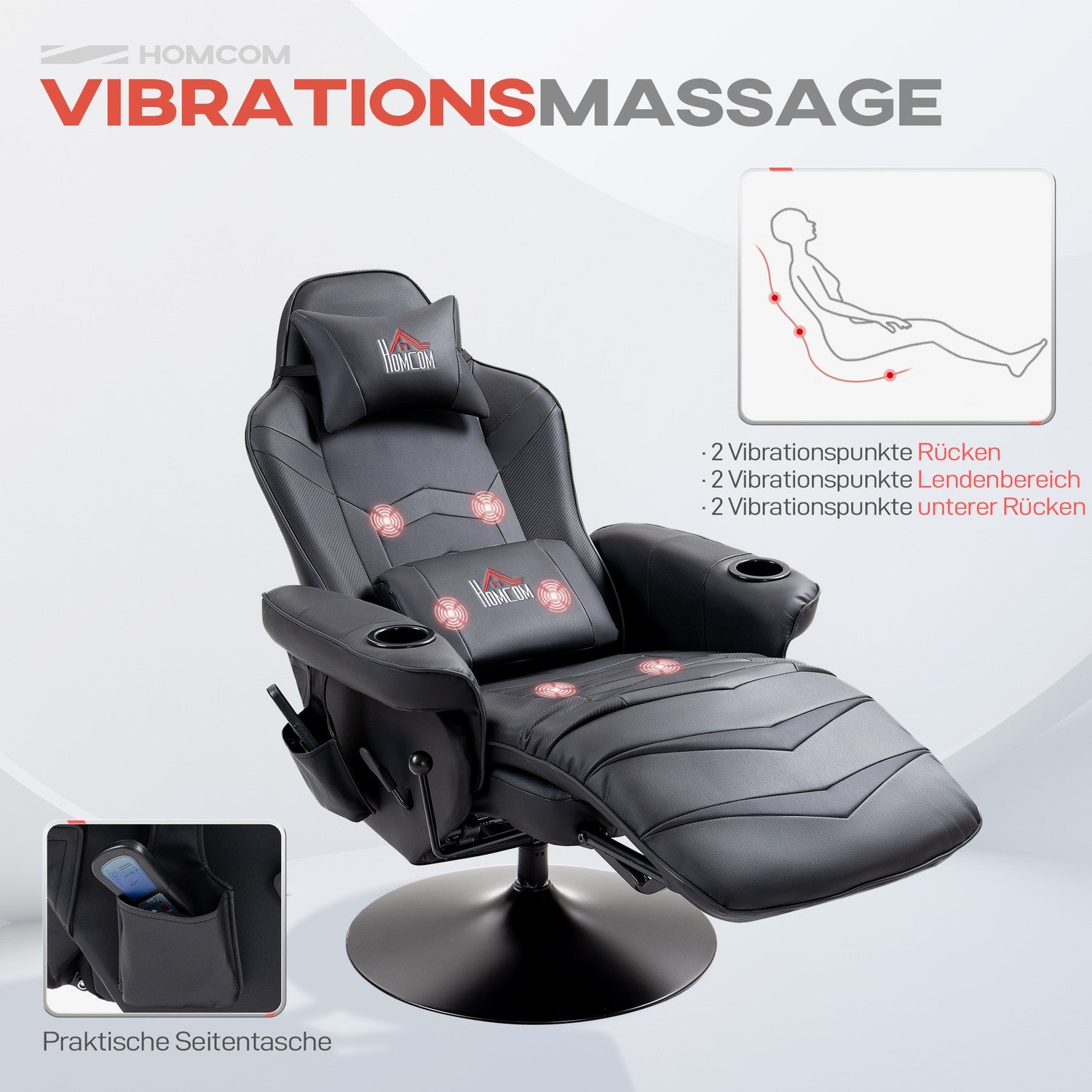 Spelstol med massage och fotstöd, svart läder-look