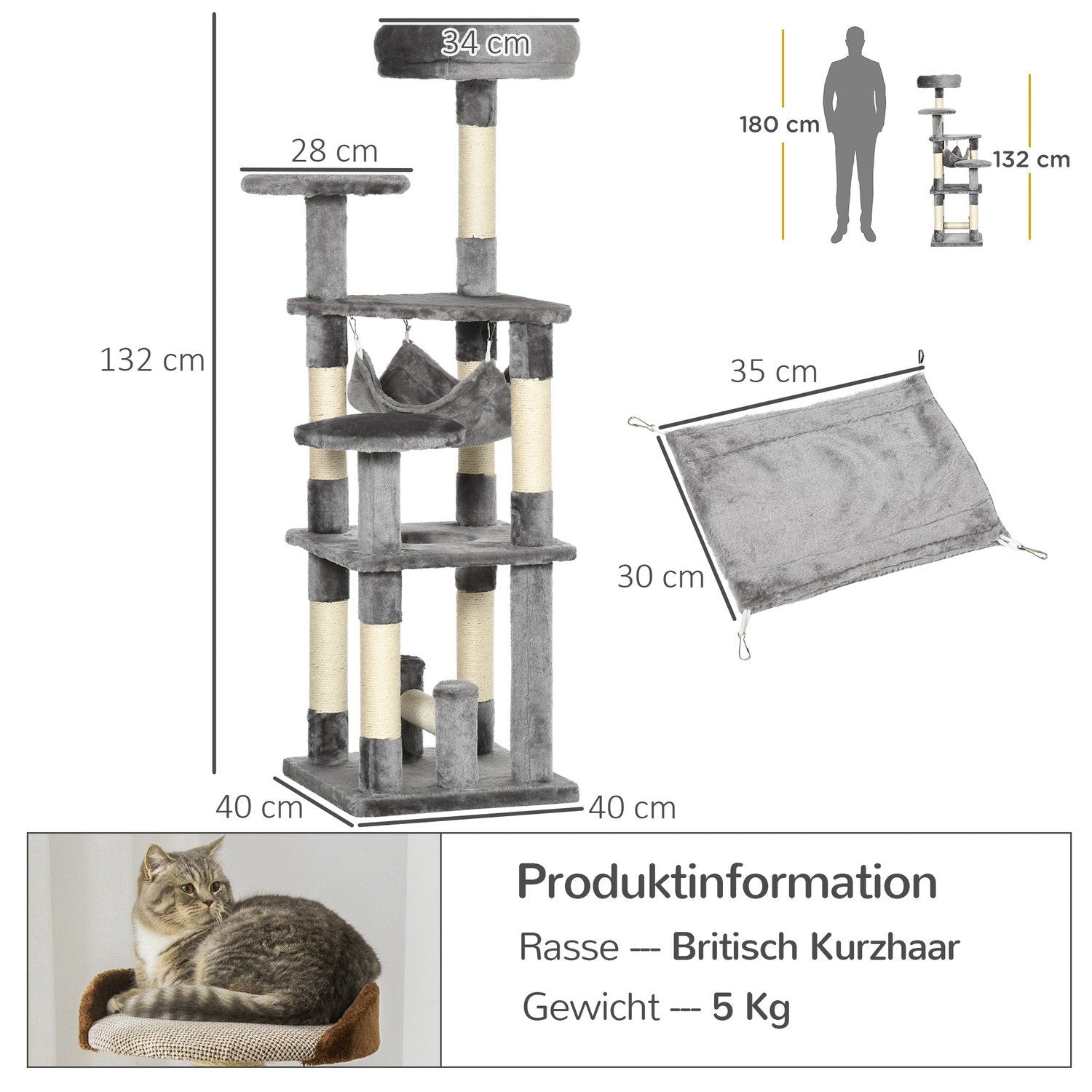 Katt Träd Katt Skrapstolpe Katt Lektorn Katt Klätterträd Skrapstolpe Hängmatta Grå L40 X B40 X H132 Cm