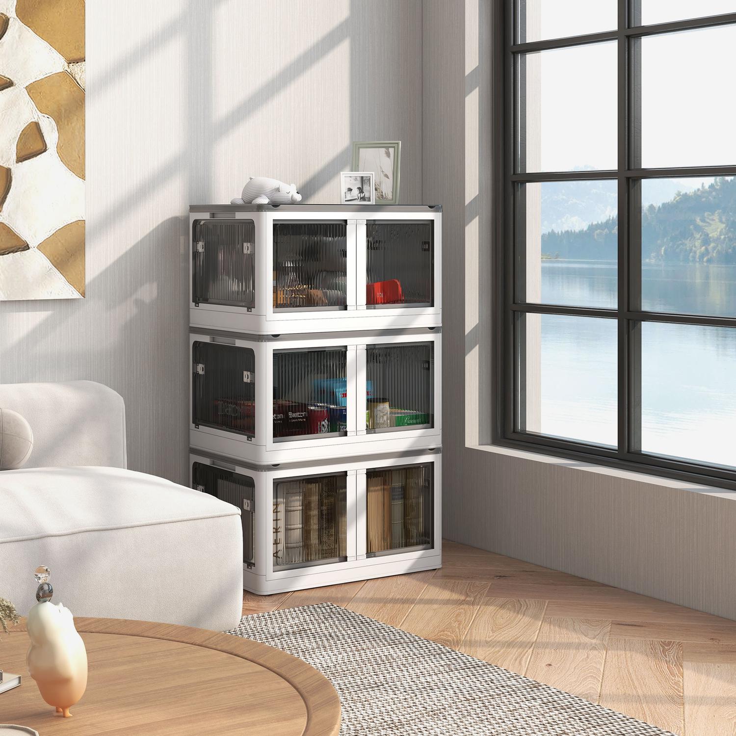 Stapelbar 69L förvaringslåda med hjul, hopfällbar, vit