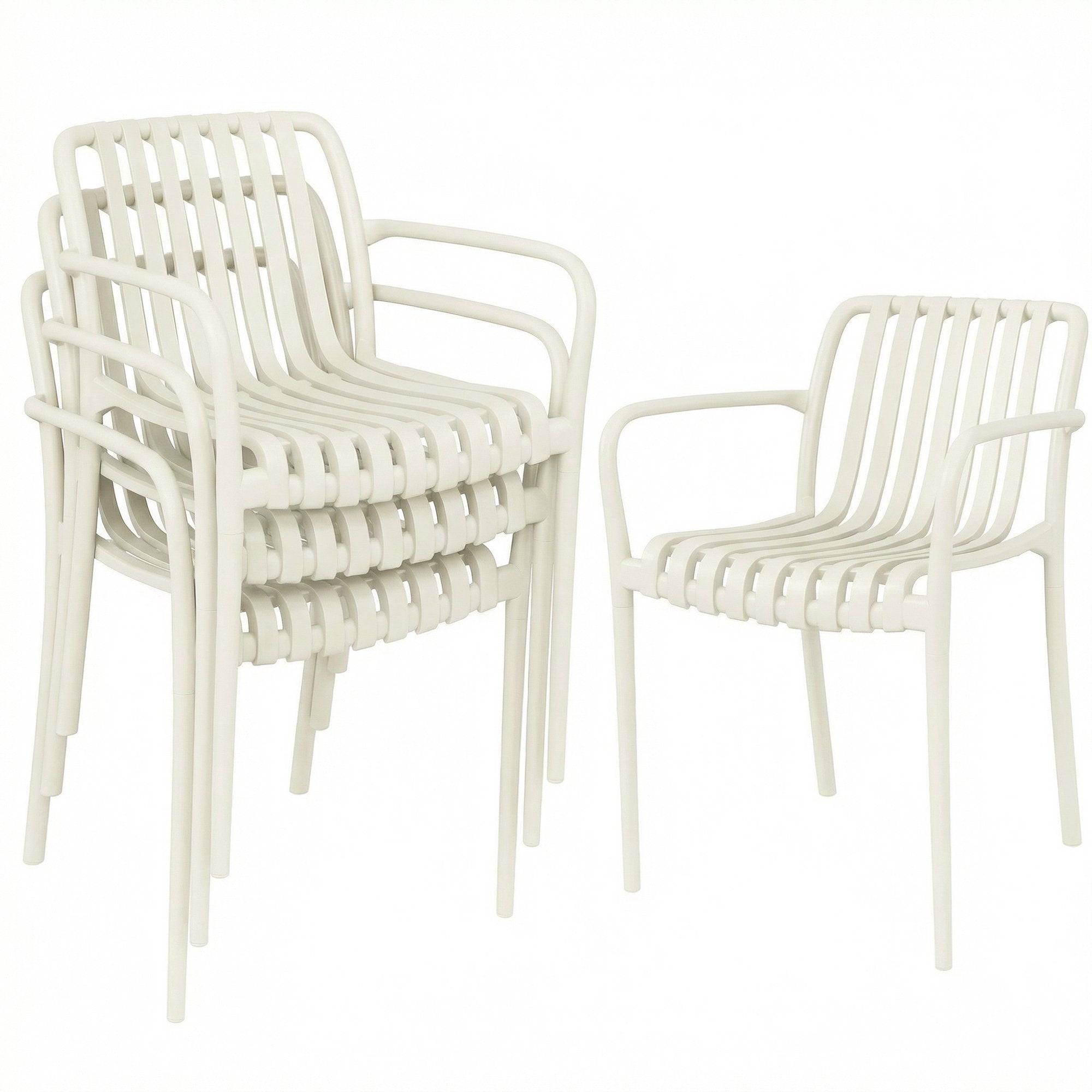 Stapelbara utomhusstolar, set om 4, krämvit, ergonomisk design