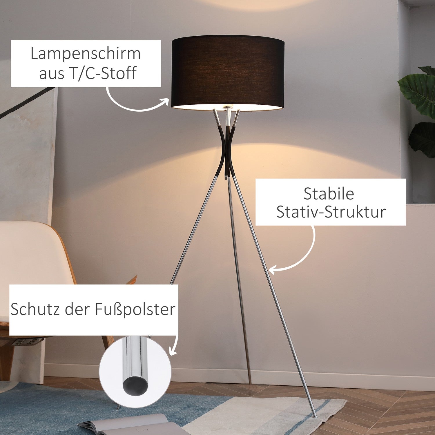 Stativ golvlampa, elegant 40W, tygskärm, metallfot