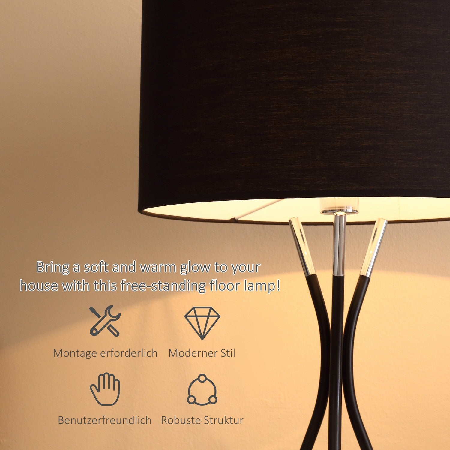 Stativ golvlampa, elegant 40W, tygskärm, metallfot