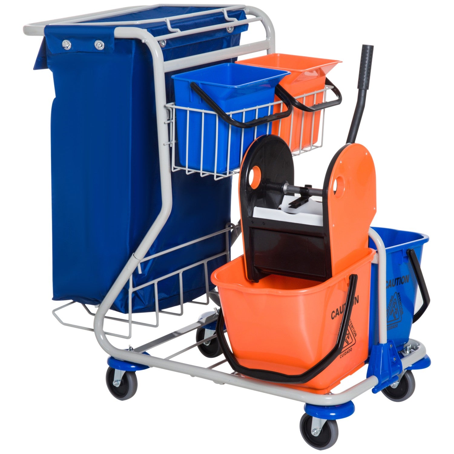 Rengöringsvagn med 4 skopor och hjul, blå/orange