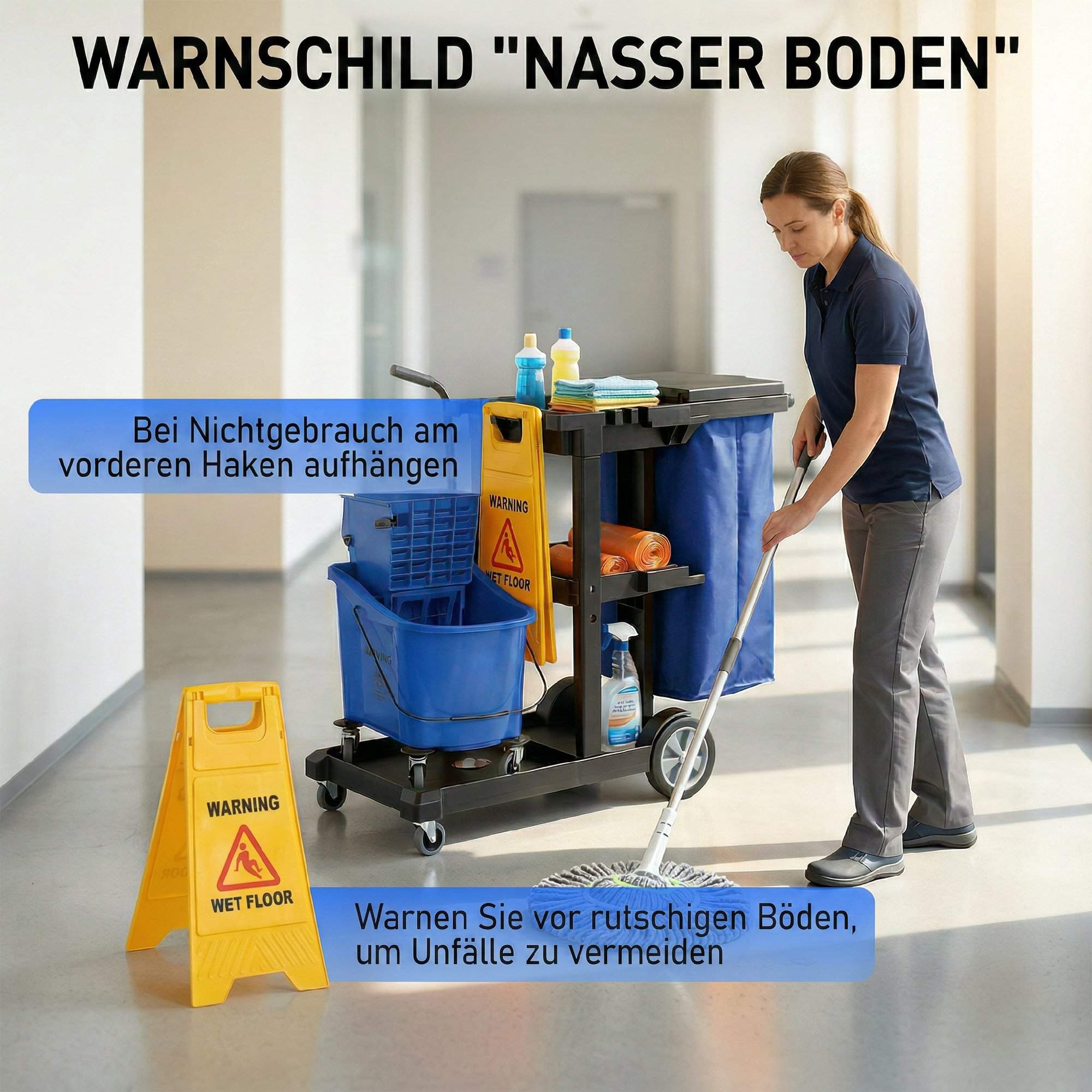 Städvagn med 3 hyllor, 70 liters påse, mopphink, blå