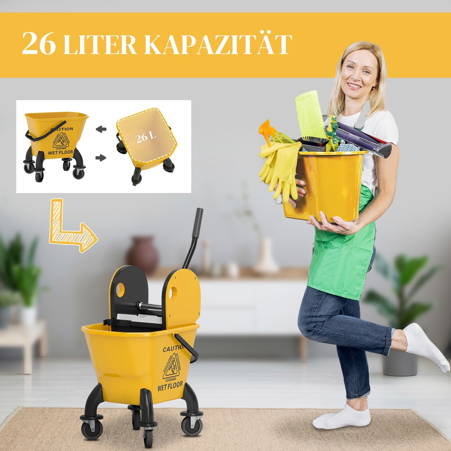 Rengöringsvagn med 26L hink & mopp – Gul