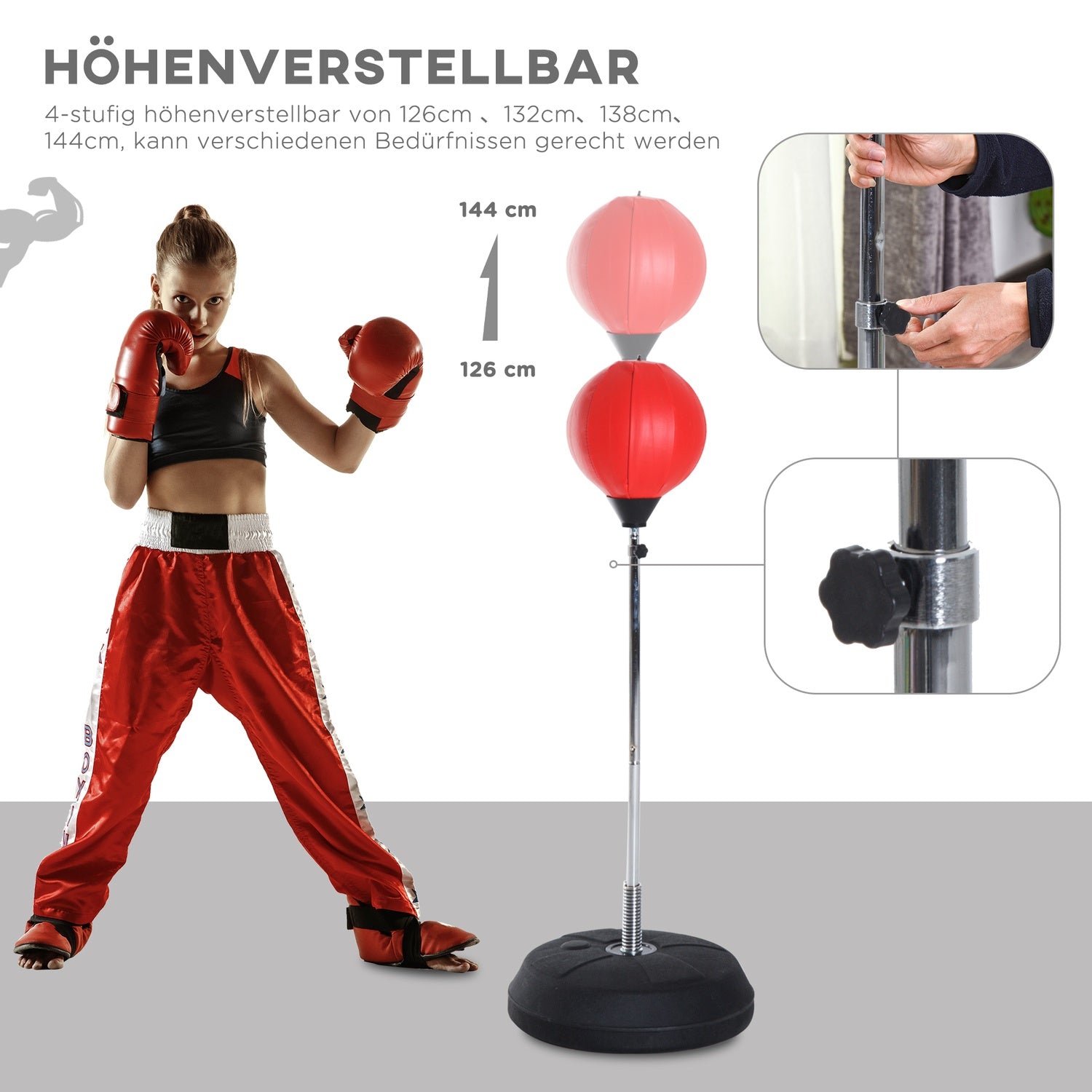 Stående boxningssäck med handskar, justerbar höjd 126-144cm