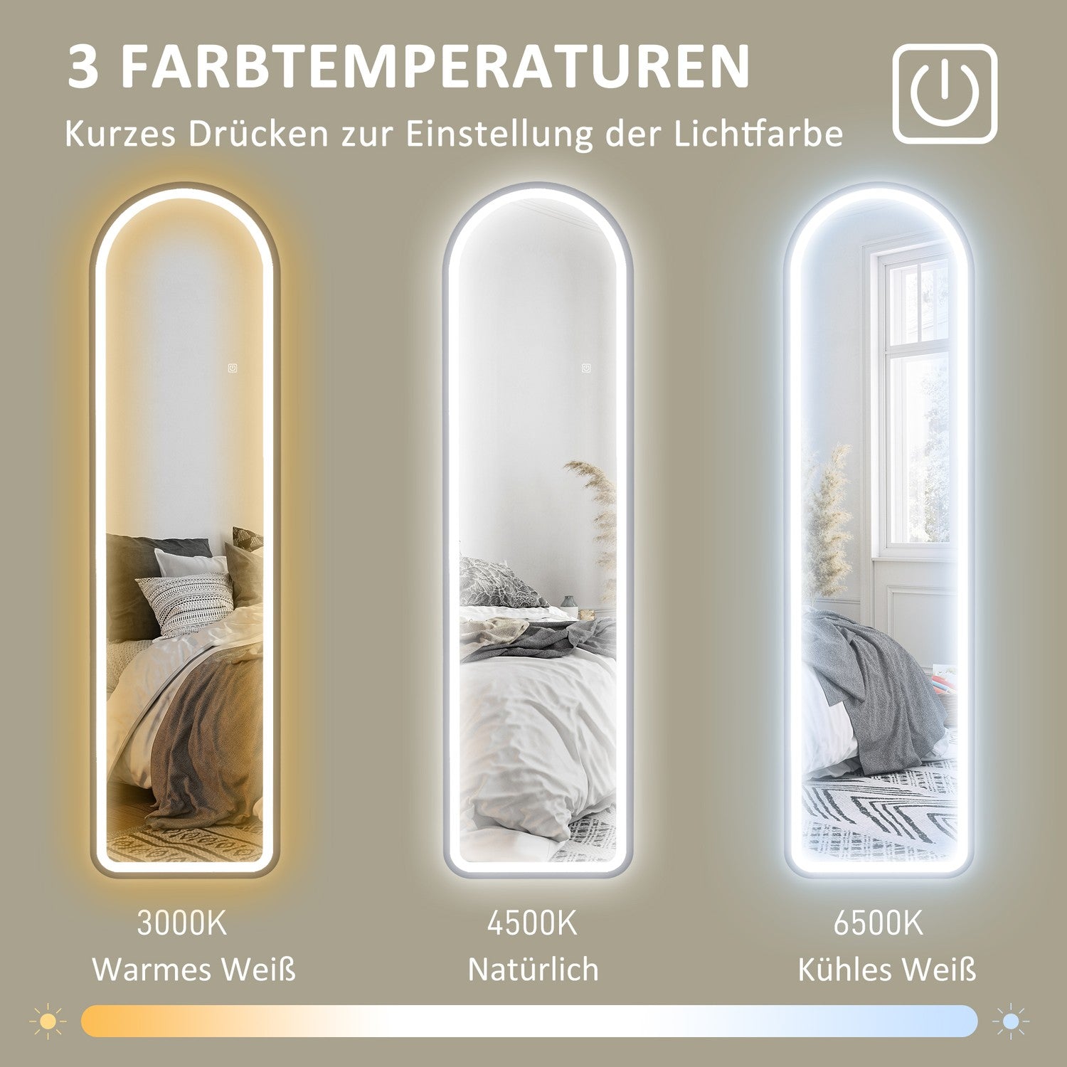 Stående hellängdsspegel, LED-ljus, Touch Switch, Svart