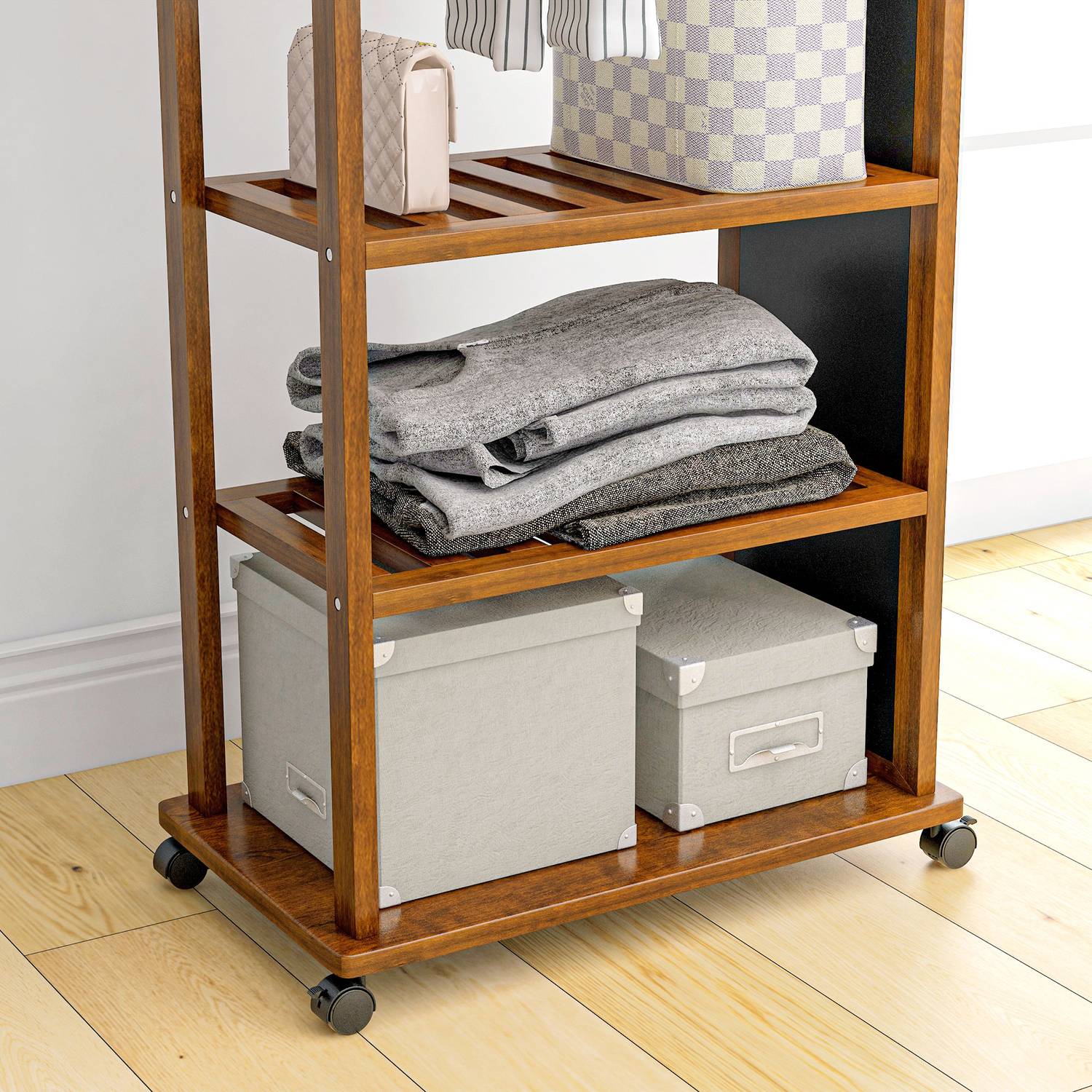 Stående hellängdsspegel med hjul, valnötsfinish