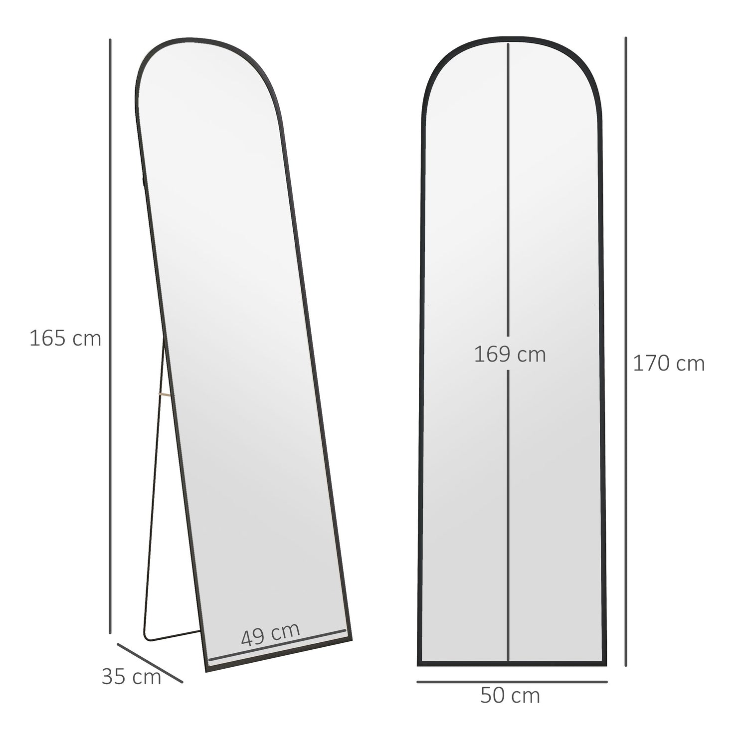 Stående spegel, fullängdsspegel, modern design, 50 cm x 1,5 cm x 161,5 cm, svart