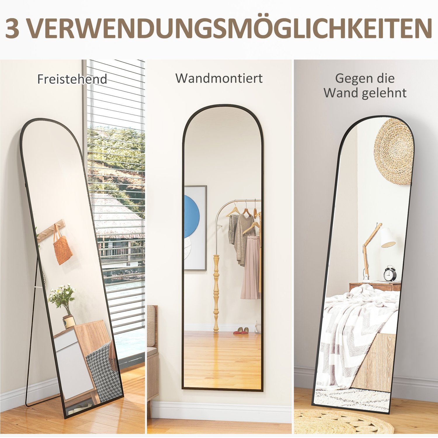 Stående spegel, fullängdsspegel, modern design, 50 cm x 1,5 cm x 161,5 cm, svart