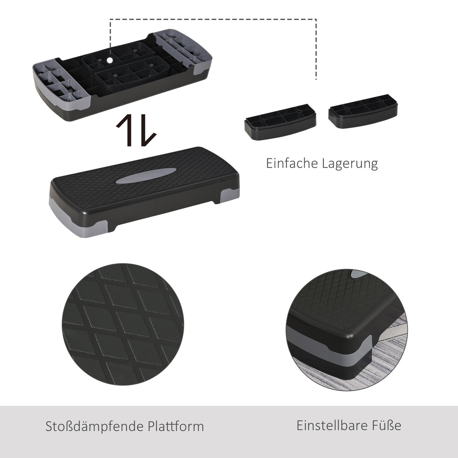 Stepping Board Aerobic Fitness 2-nivå høydejusterbar (10/15 cm), treningssykkel stepper, svart+grå, 68X29X15Cm